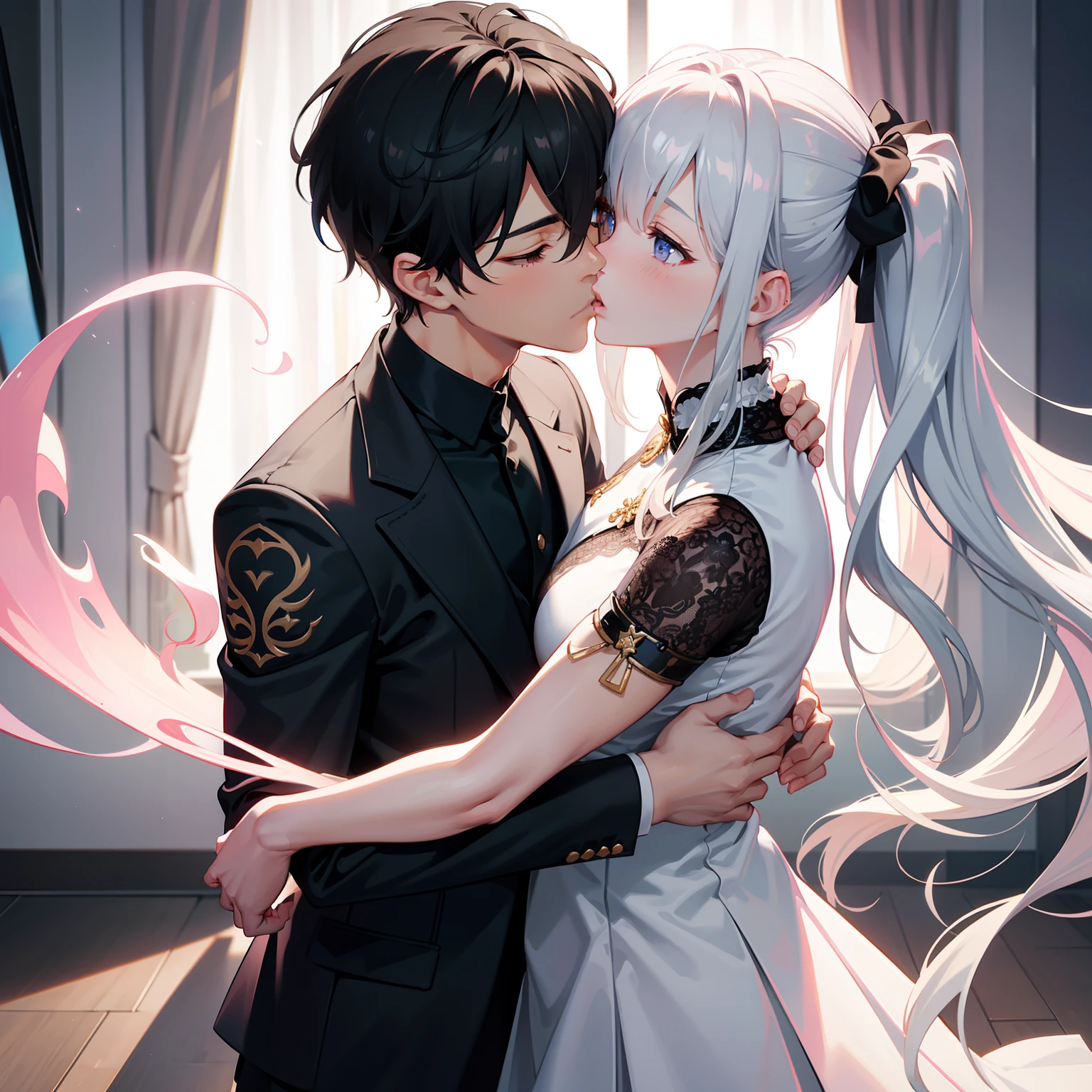 Dynamic, super detail, Thayer shadow, 8k, detail processing, super realism, 8k, epic composition, complex details, Unreal Engine, ((couple)), two people, (male black hair, handsome, a strong suit), (female silver hair), (lace shirt), (slim cheongsam)), hug and kiss each other, byeong, blush, shy, love, (Pink bubble)), amazing detail, masterwork