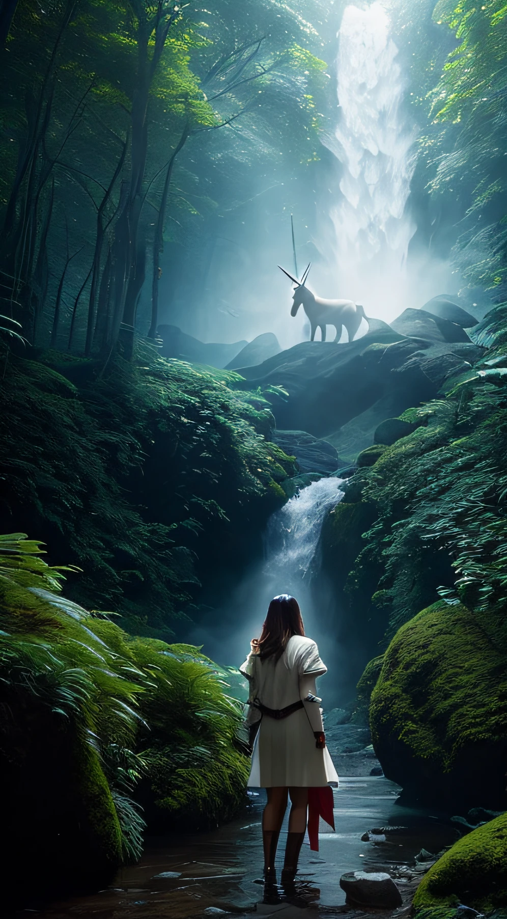 Front view: Woman passing her hand in unicorn and an extraterrestrial, 8k, floresta real, pele real, cinematico