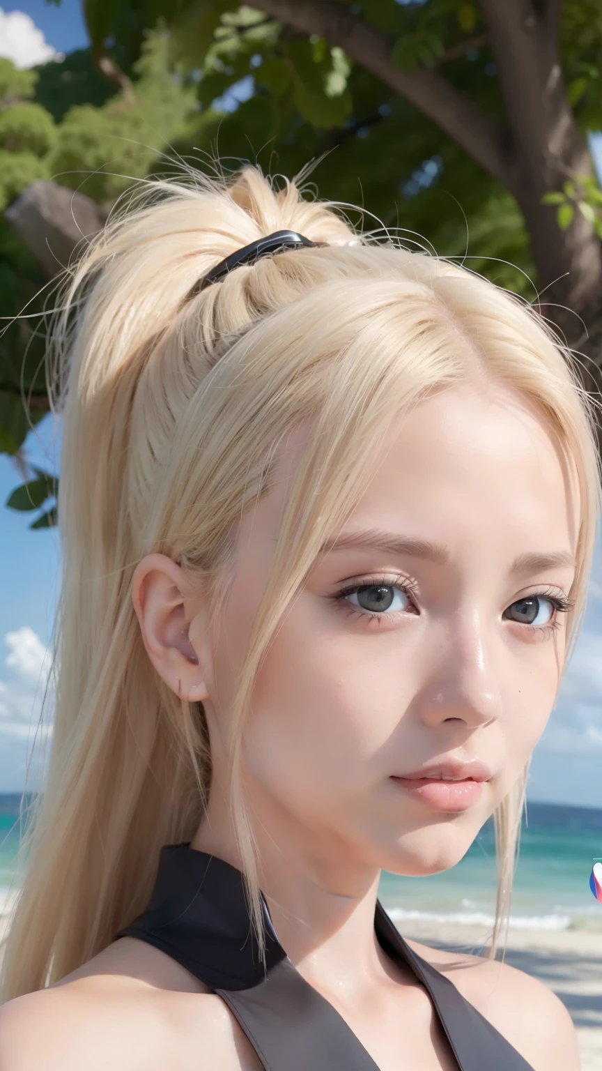 Yamanaka Ino anime seductive， 1girl ,Close-up shot，ssmile，Be red in the face，blond hairbl，Portrait photo，looks into camera，tmasterpiece，beachside，sandbeach，Greenery，detailed back ground，sfw