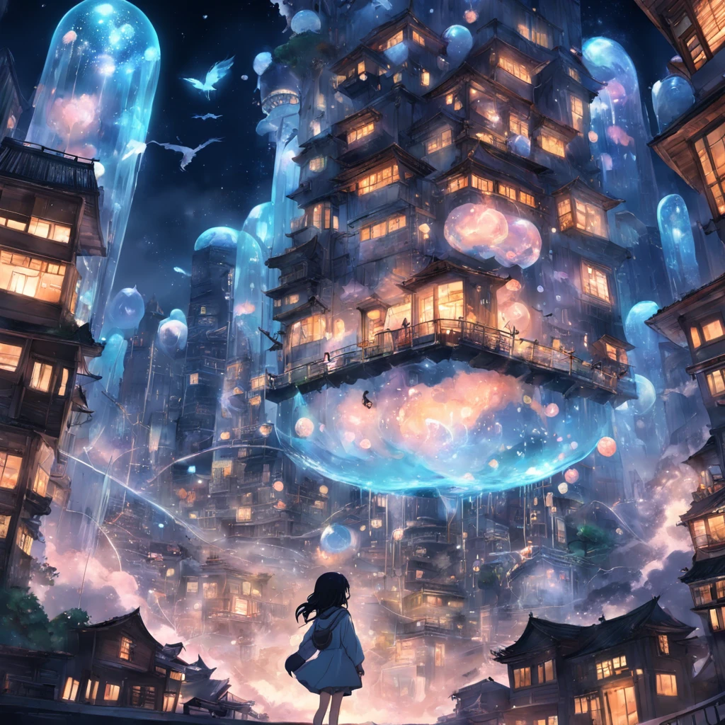 City of dreams,1girl,Transparent building,Streets on clouds,Gravity-defying waterfalls,Sleeping cats,(Dream Bubble:0.8)。