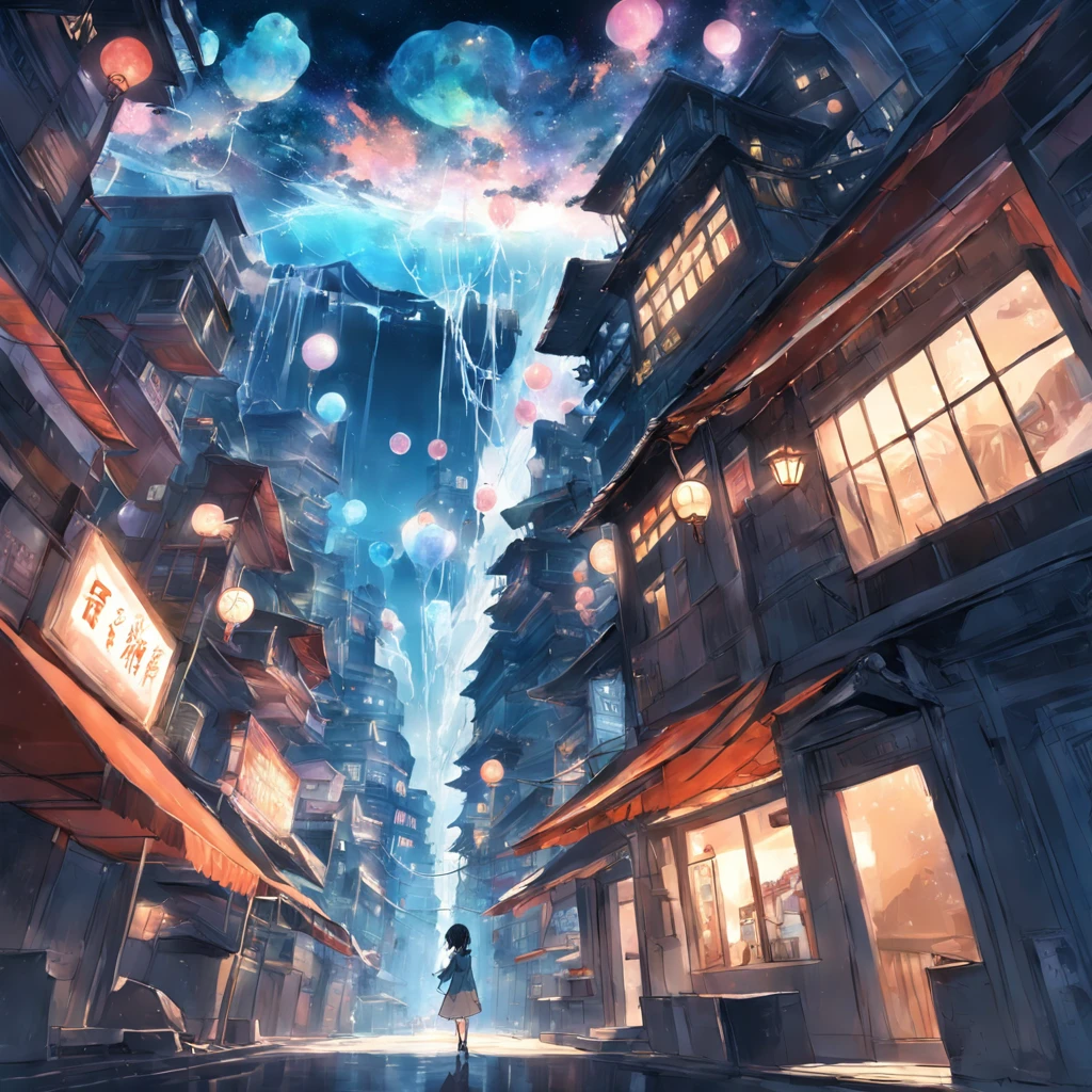 City of dreams,1girl,Transparent building,Streets on clouds,Gravity-defying waterfalls,Sleeping cats,(Dream Bubble:0.8)。