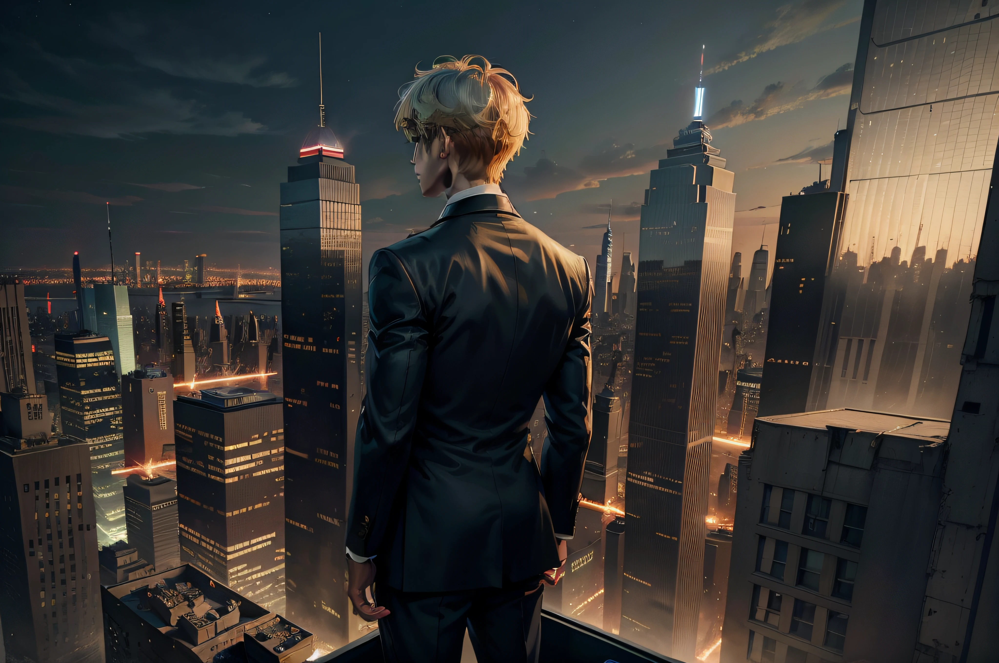 Man Standing On The Rooftop of a Building、Man Overlooking the City、People are small、nighttime scene、natta、​masterpiece、top-quality、Very Detailed Masterpiece、hight resolution、8K、male people、business sui、businessman、suits、looking-down、posterior view、chee、highrise buildings、Buildings、newyork、ambition、ambition、careerist、