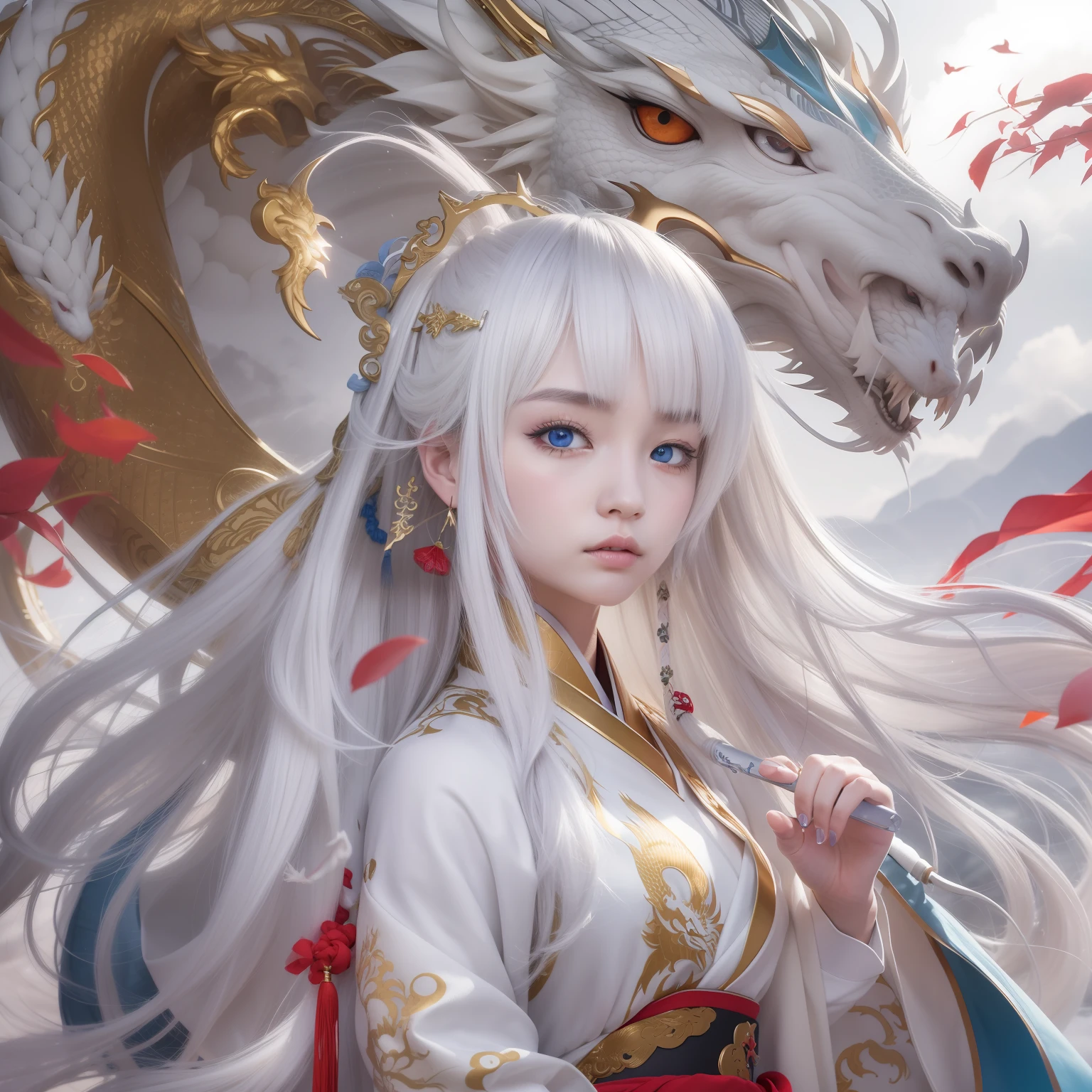 Dynamic Lighting,Art Station,Poster,Volumetric Lighting,Highly detailed face,4K wallpaper,Awards,1 girl with white hair,She has a delicate and beautiful face,Long hair flows,Horse tail,Fringe hair ornament,Dynamic Perspective,Shrine maiden,sexy,Surrounded by clouds,Foggy atmosphere,Ride the White Dragon,,White Dragon Horn,Dynamic Viewing Angle,Light,Almond-shaped eyes、