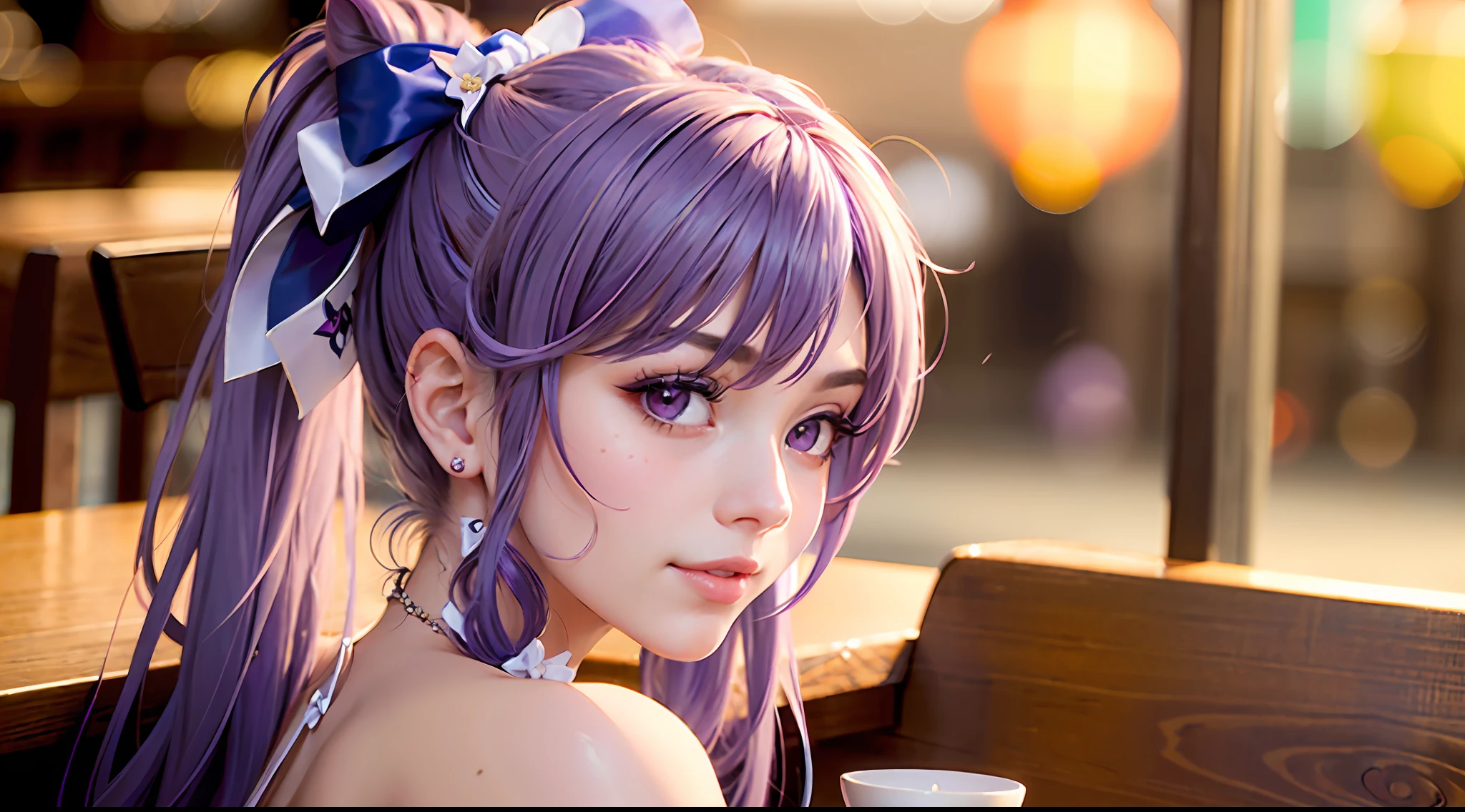 (photorealistic, pov across table:1, table, solo, masterpiece, top quality, best quality, 1 woman), restaurant, food, cafe, smile, flirting, keqing (genshin impact), hair bun, purple hair, twintails, purple eyes, diamond-shaped pupils, hair ornament, cone hair bun, long hair, double bun, bangs, bow, hair flower, hair bow, hair ribbon,