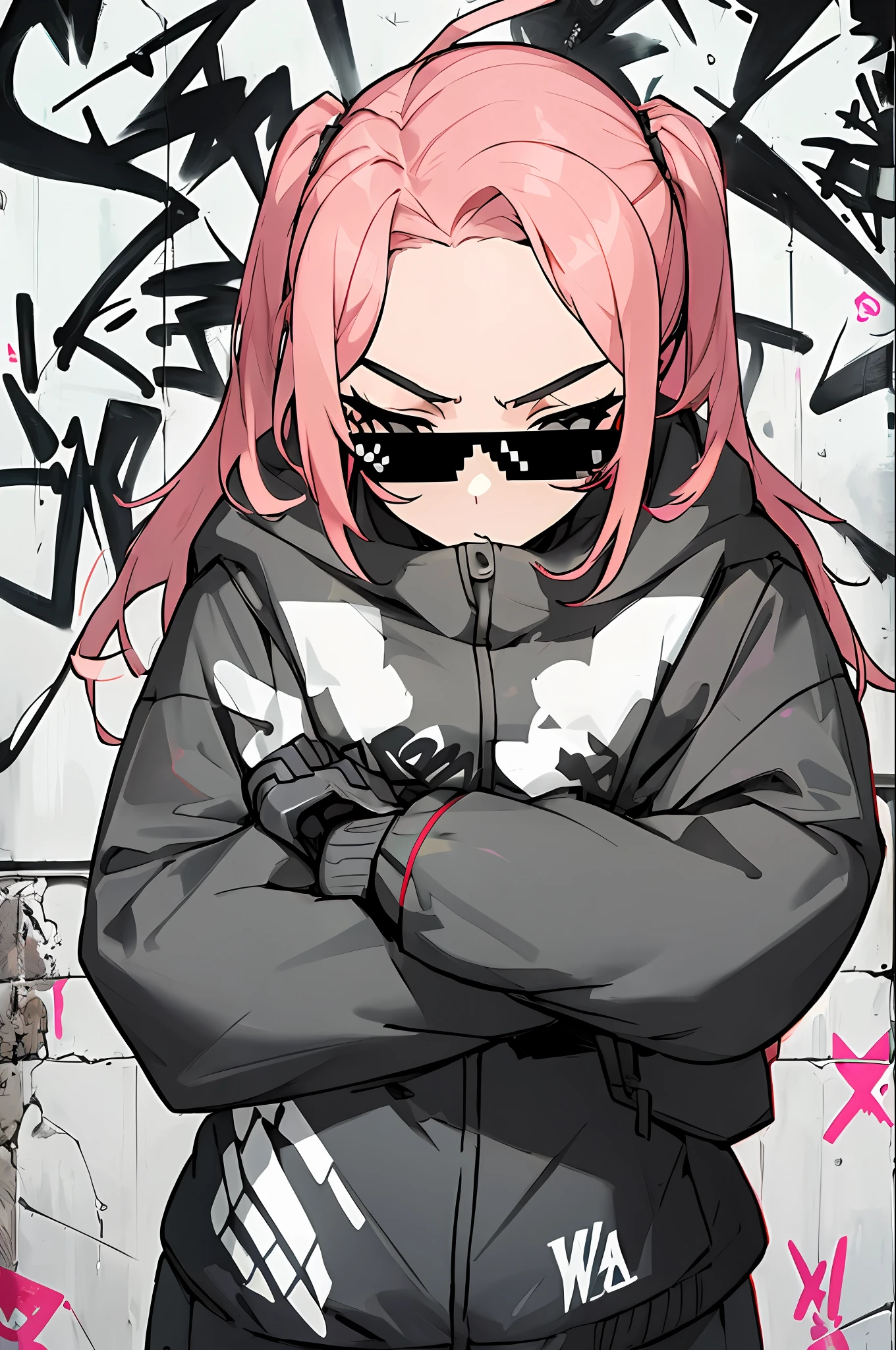 "An assertive and confident waifu with a badass attitude, leaning against a graffiti wall and flexing in a cocky swagger manner. Dealwithit."
