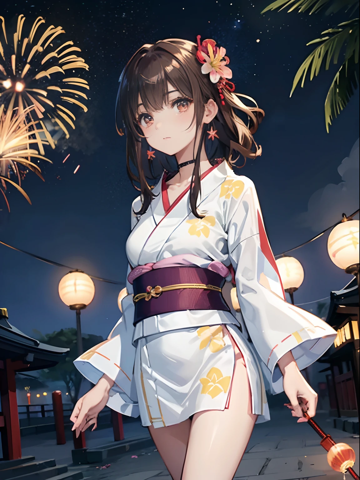 Summer night sky background, shrines, many fireworks, the moon, make - up, 20 years old, One Person, girl with, Japanese Yukata, Lily flower yukata isolated on white background, beautiful legs, Walking, panicking, Medium Hair, Wavy Hair, Brown hair, Lily flower hair ornament, Choker, earrings, Cowboy Shot,