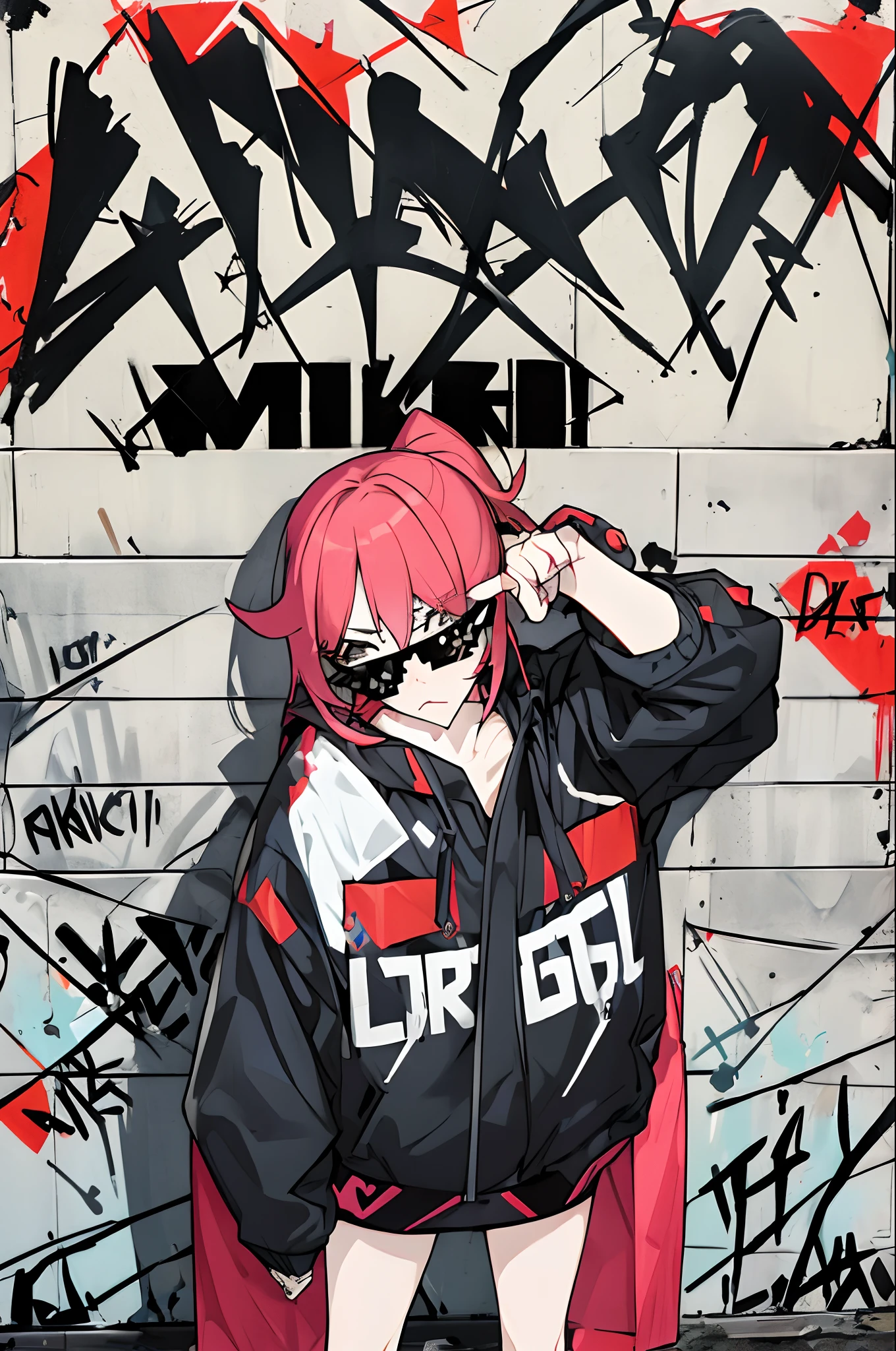 "An assertive and confident waifu with a badass attitude, leaning against a graffiti wall and flexing in a cocky swagger  manner. Dealwithit."