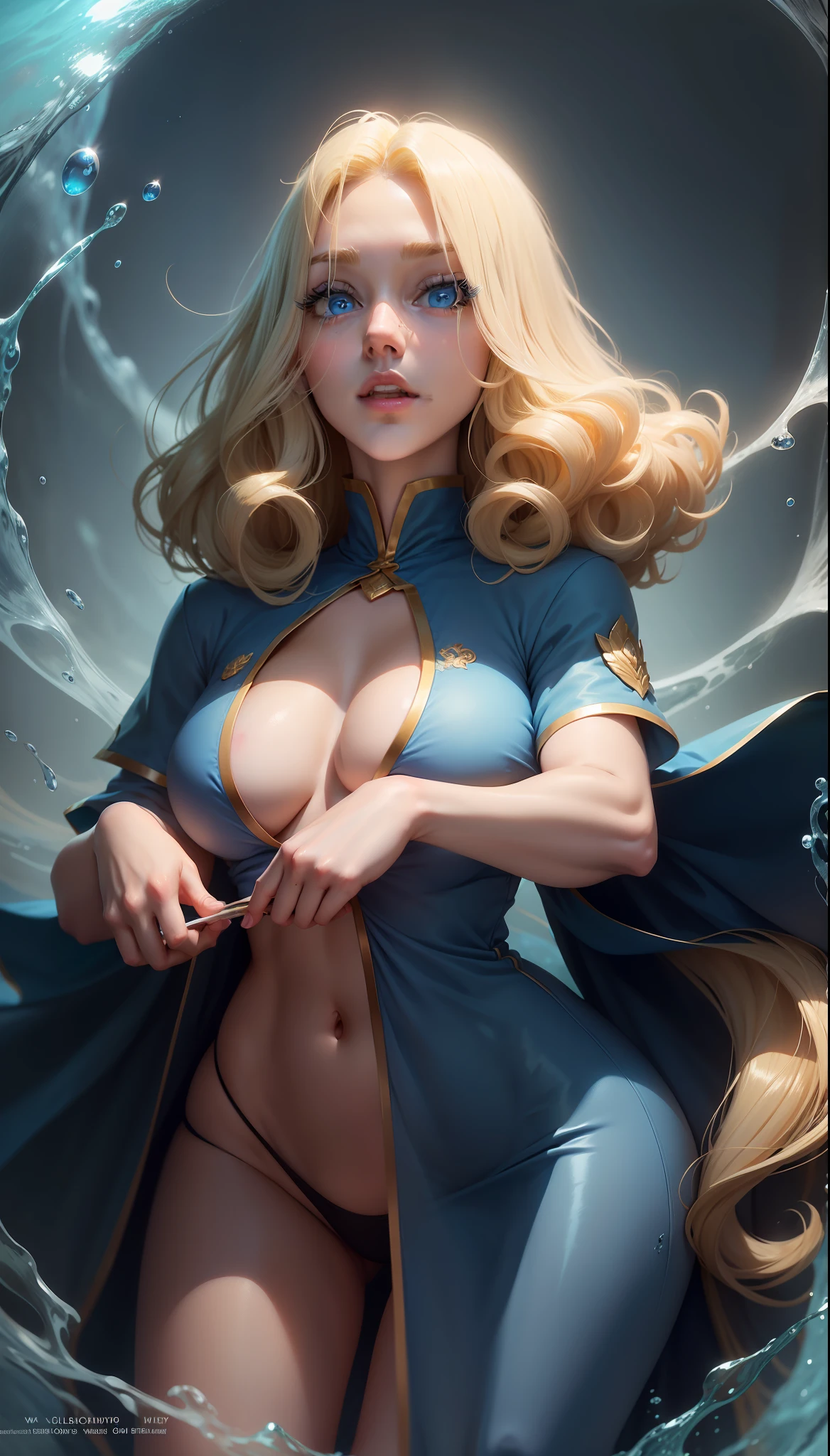 medium hair, blonde color hair, nipple paste, (big blue color eyes), perky breasts, perfect nose, slim face, perfect lightning, gleeful, eyes, k, high definition, full body, high detailed, water background, slim body, fit body, person