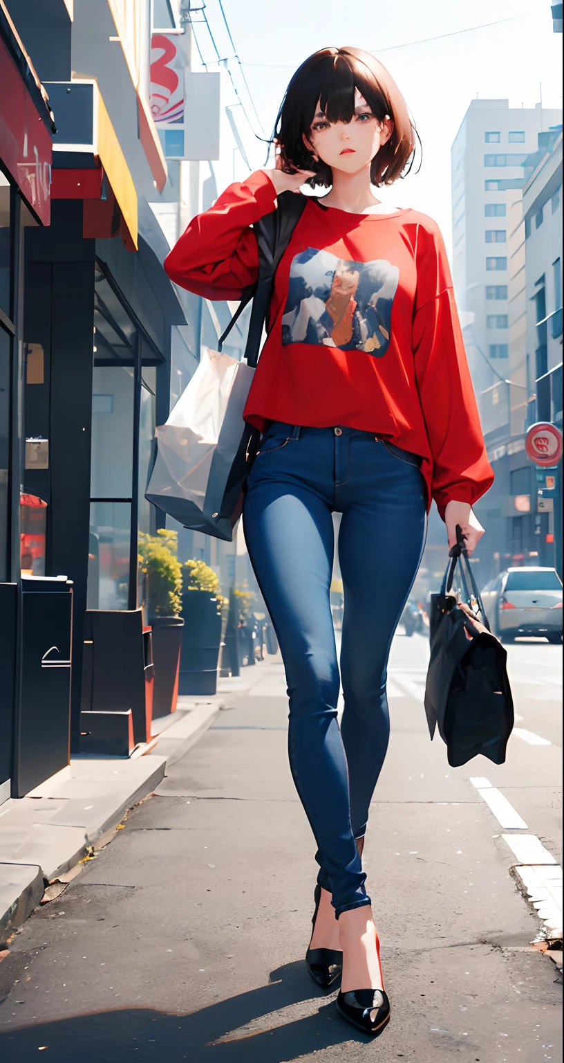 (masterpiece), best quality, expressive eyes, perfect face, young adult woman, Asian, brown eyes, black hair till shoulders, long-sleeved tight red t-shirt, light blue skinny jeans trousers, 1girl, city, absurd res, high res, ultrasharp, 8K, looking at the viewer