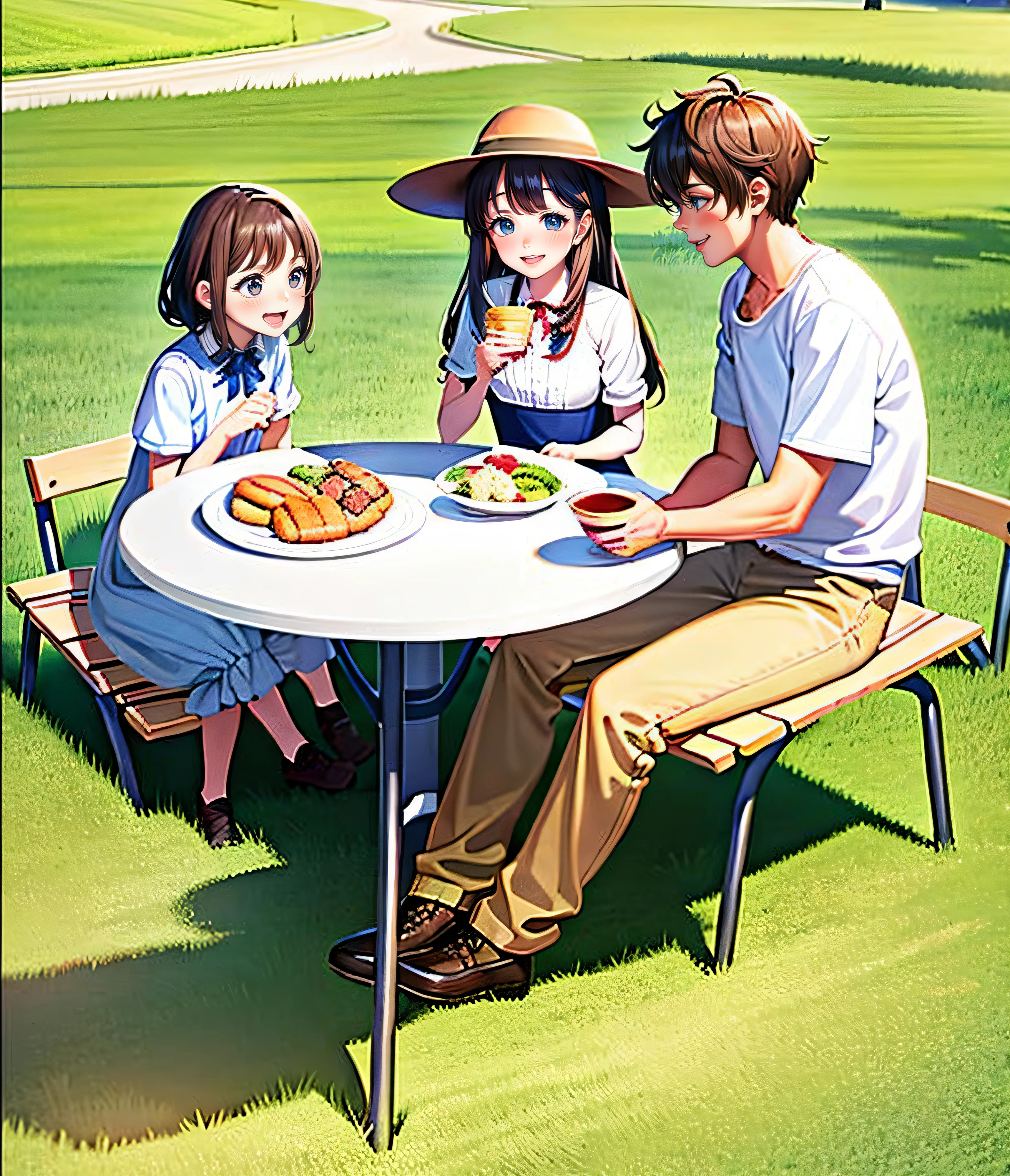 On the prairie, three people sat at a table to eat, people on a picnic, camping, having picnic, Family dinner, a joyful atmosphere, people outside eating meals, Family, istock, Handsome, family friendly, lifestyle, Happy family,illustration，illustratio，grass field，with blue sky and white clouds