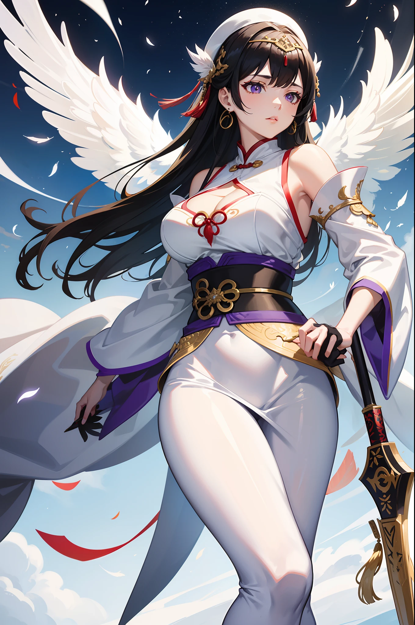 NSFW, obra-prima, melhor qualidade, ultra-detalhado, semi-realista, detailedfacialfeatures, 3 mulher,deidade marcial,Mulher usando roupa ancestral Hunfa wuxia,princesa Celestial,Deusa,cabelos longos da cor branca,olhos negros fascinantes,seios grandes,muito bonita,voluptuosa mulher,sexy,belicosa,poderosa,imposing and haughty in a leadership position in the Heavenly Heaven Sect