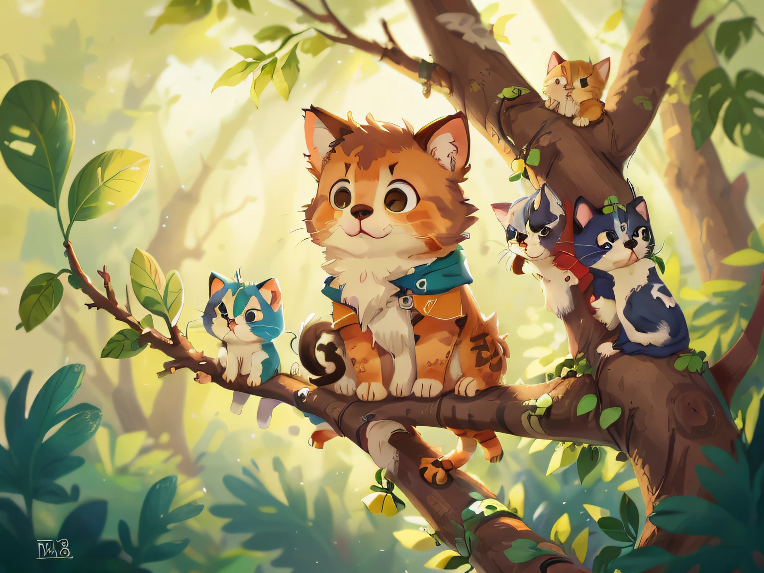 a furry kitten on the branch high in a tree, se sentindo assustado: 0.8), (obra-prima: 1.2) (realista: 1.2) (Bokeh) (melhor qualidade) (pele detalhada: 1.3) (detalhes intrincados) (8k) (olhos de detalhe) (foco nítido), (Feliz)