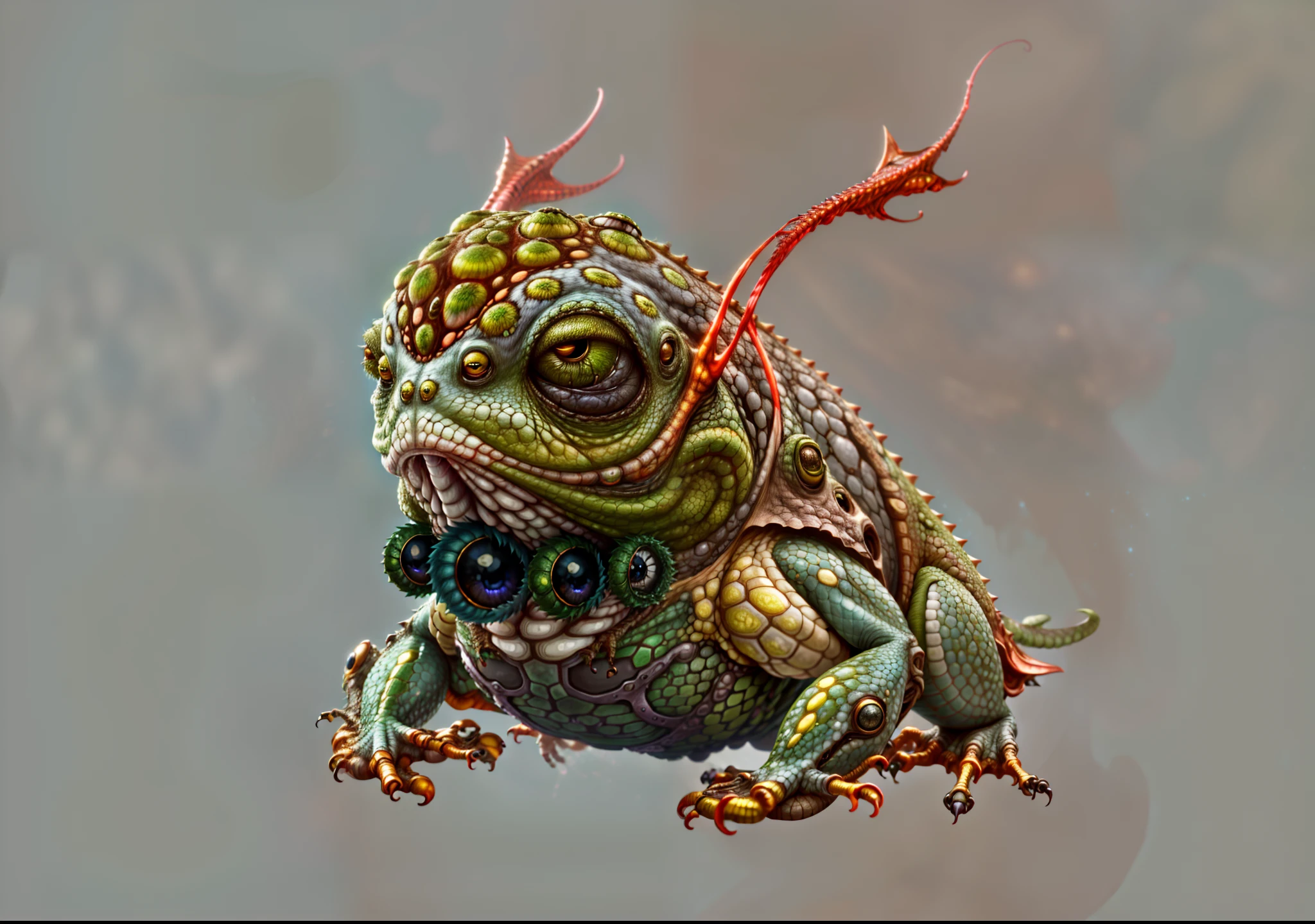 There is a frog with a long tongue and many eyes on his head, realistic creature concept, Yoshitaka Amano octane render, frog, marmoset render, toad warrior, highly detailed creature, marmoset kit render, marmoset kit render, creature Design, science fi lizard alien, sci-fi lizard man, surreal fantasy monster