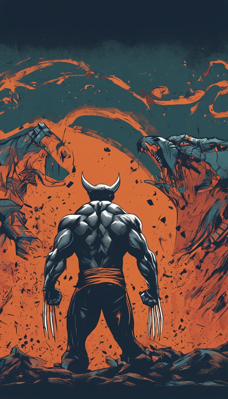 printing t-shirt vector ,WOLVERINE MARVEL merged into an epic, imagem detalhada. Mastery in quality and lighting. Stunning and impactful scenery. Dynamic and powerful action. Efeitos de sombra e luz melhorados. High resolution masterpiece. State-of-the-art CG art. Incredible and immersive result.+"