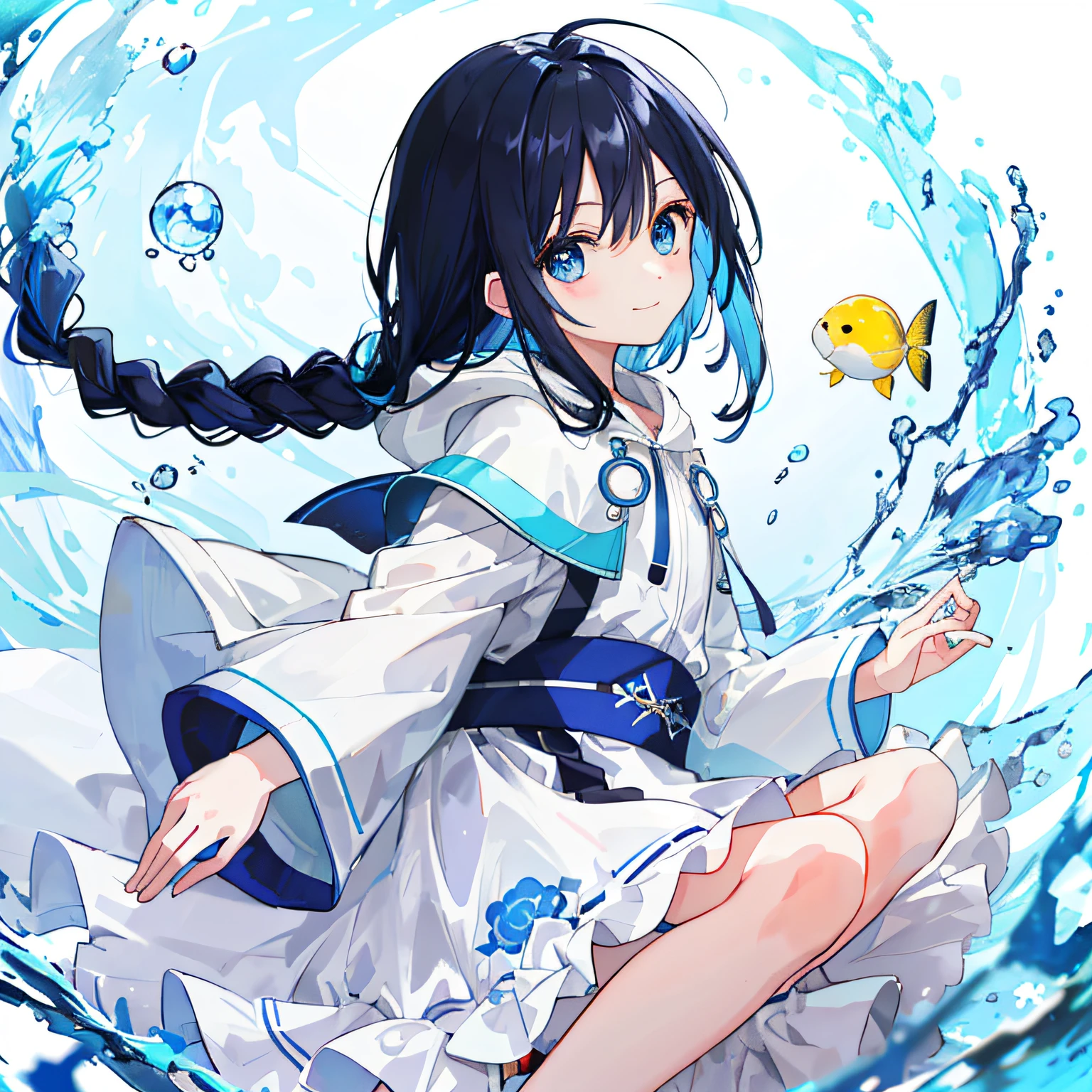 ((top-quality)), ((masterpiece)), ((ultra-detailliert)), (extremely delicate and beautiful), Mysterious、Jumpy、Male , 独奏,bustup ,The upper part of the body、A dark-haired, depth of fields,A smile,Bubble,Fish、Big fish、Southland、 boyish、A simply dressed、under the water, ,Bright blue eyes,One-sided braid、Inner color with black hair and blue tips,Cold background,Semi-long 、White sheer hoodie、Noctilucent bugs
