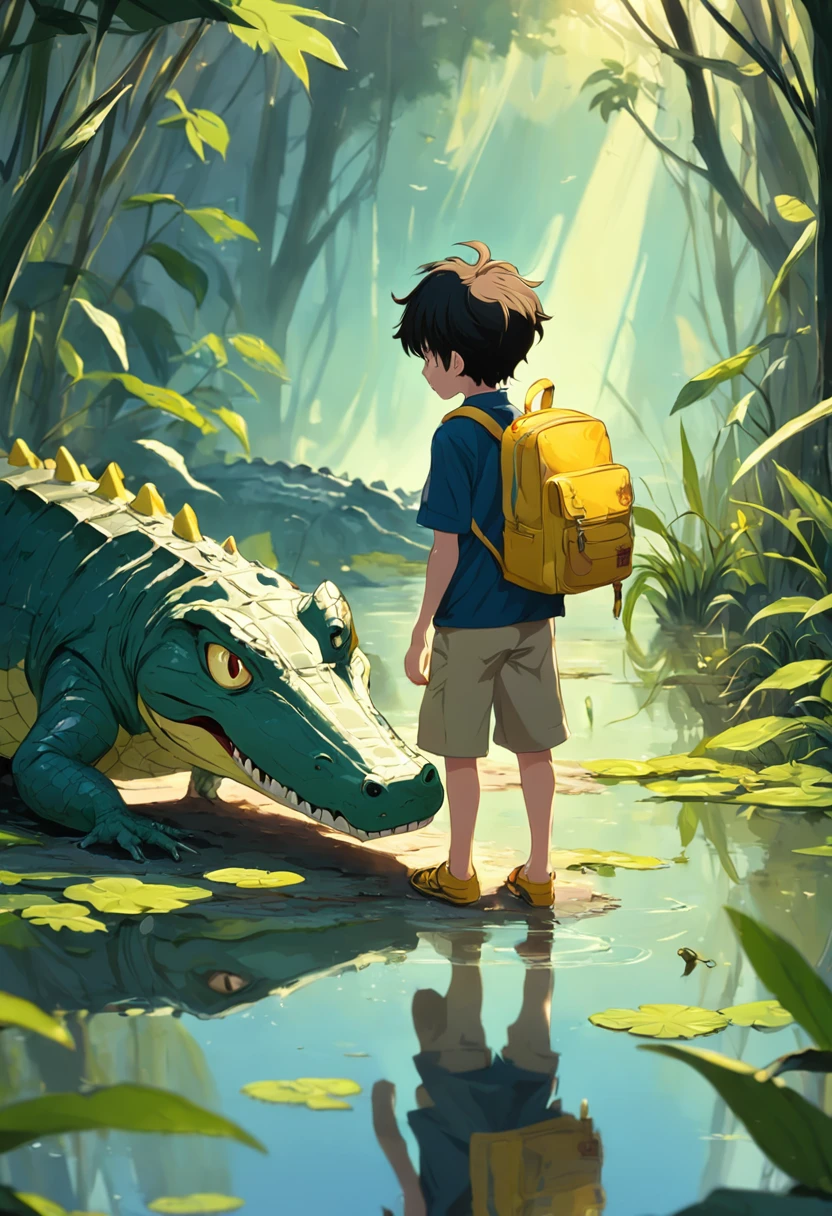 A boy with yellow backpack raised by alligators in the swamp, alligator , menino , alligator , menino , Cartoon