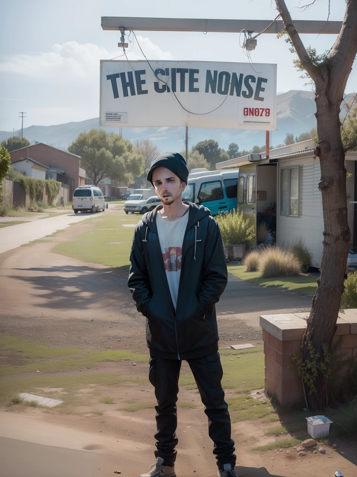 Jesse pinkman from breaking bad with a van that was used in breaking bad in background