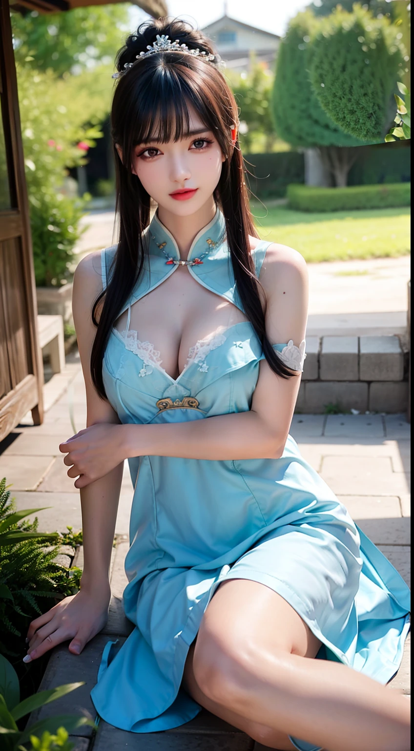 Fashion model 18 years old [[[[closeup cleavage]]]], [[[[boobgasm]]]], [[[[coll]]]], [[[[bshoulders]]]], perfect  eyes, Perfect iris，Perfect lips，perfect teeth，Perfect skin，with fair skin，Long face，slender nose，Soft front light，hdr，Movie girl，fully body photo，Red cheongsam，The background is outdoors，Green trees，fresh flowers，lawns ， Best quality，Masterpiece，Utra dilution，（pastel colour：1.2）