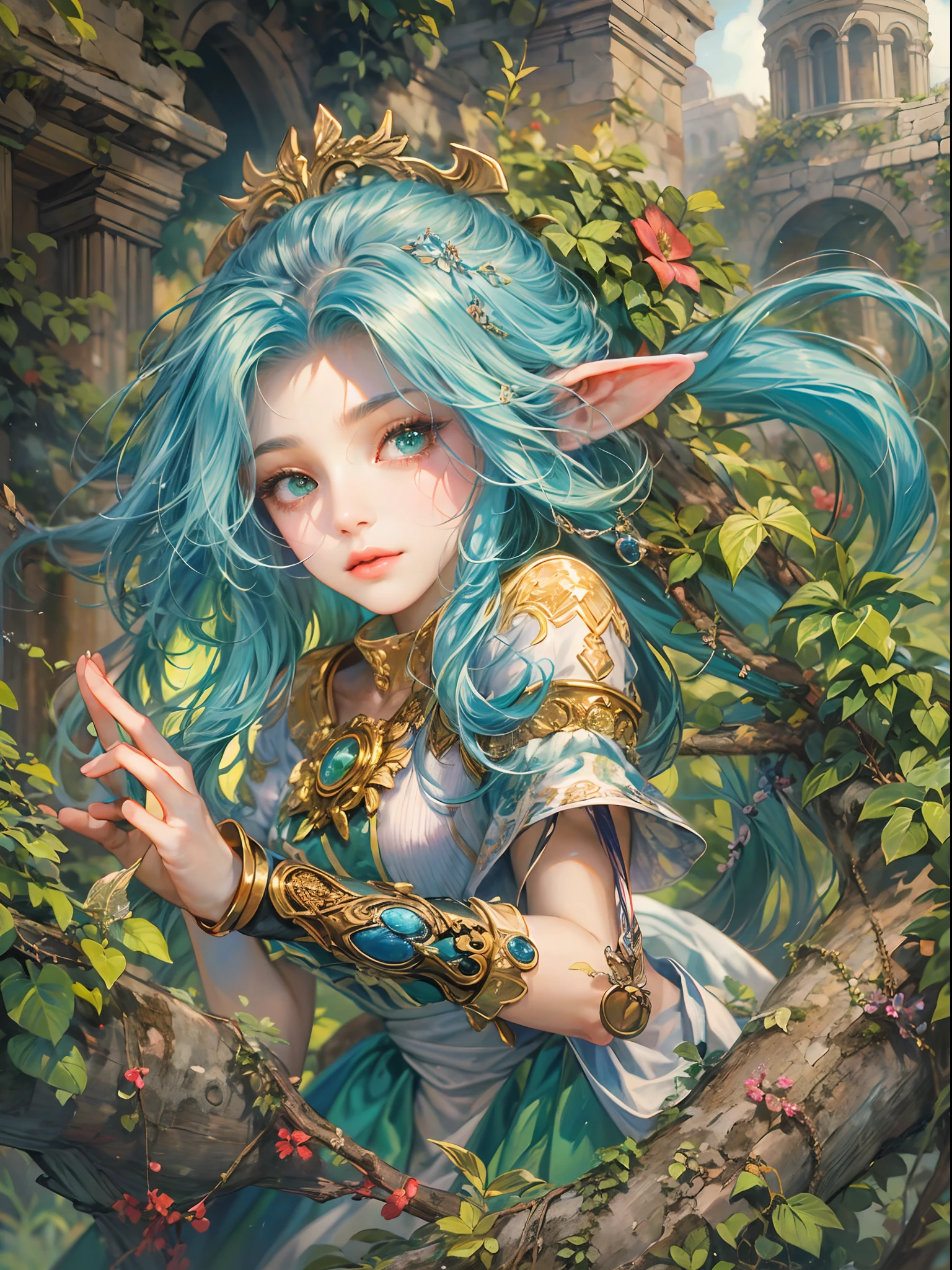 (absurdres, highres, ultra detailed, HDR), masterpiece, best quality, legend of mana character, heroine, detailed face, beautiful face with decorative pins on hair, seraphina talking to a blue haired faerie with green eyes with two vines outside midas ruins, detailed character, detailed outdoor ruins, detailed backdrop