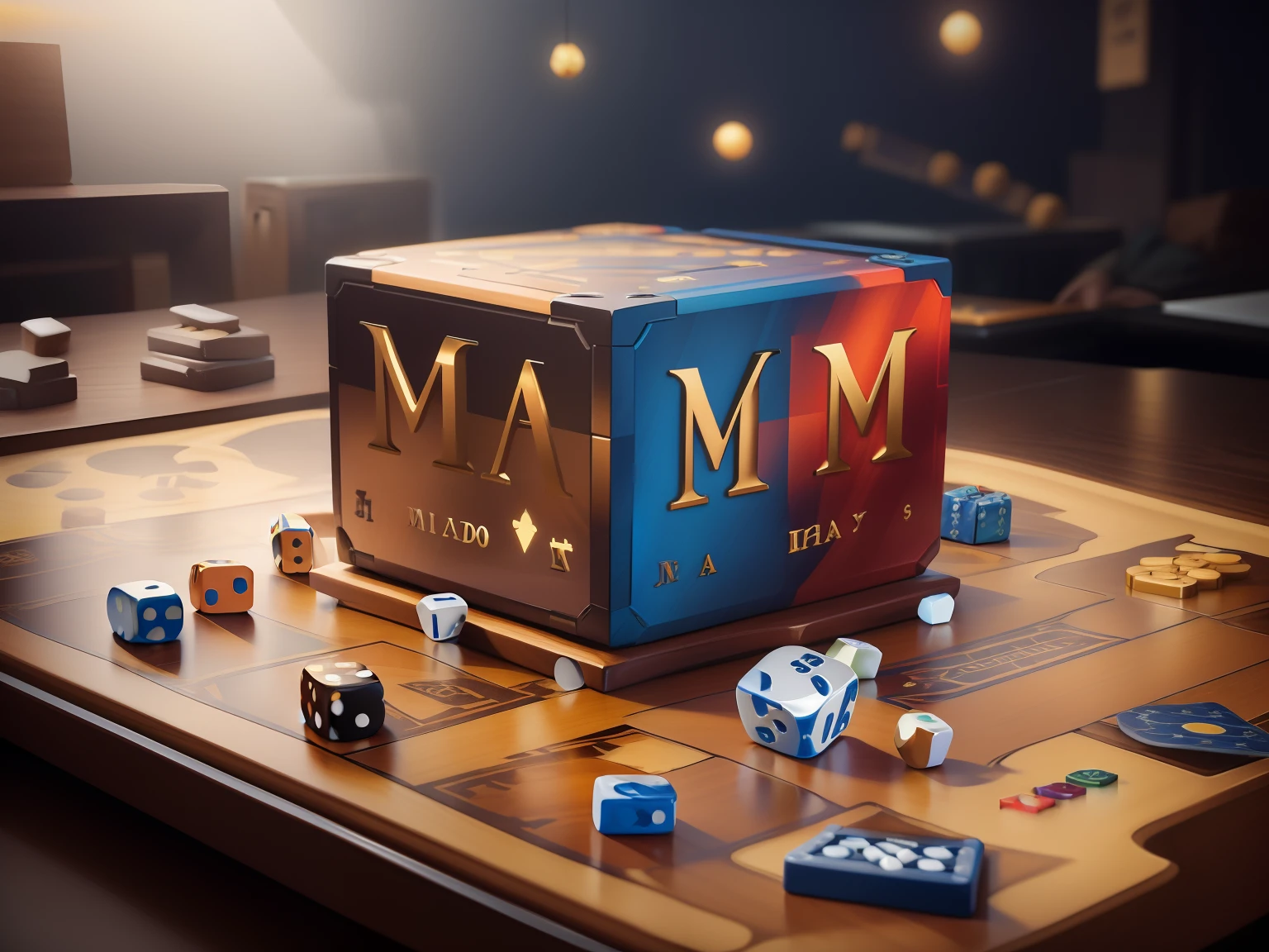 There is a board game with dice and a box, dados mapa livro miniaturas, arte da capa do jogo de tabuleiro, miniatura, Jogos de mesa, table game props, marmoset toolbag render, strategy game, Jogo de RPG de mesa, logo MM Board Games