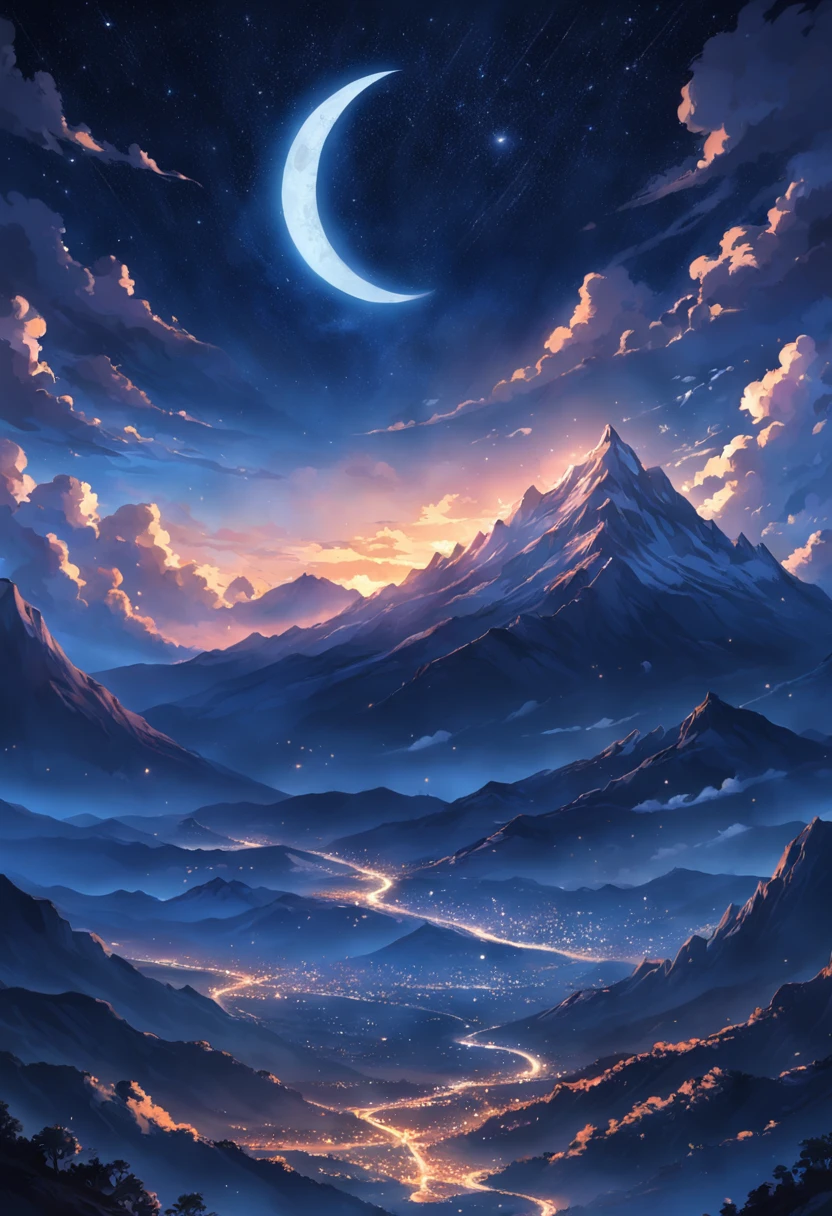 A majestic nightscape of a star-filled sky, the crescent moon and a distant mountain range.