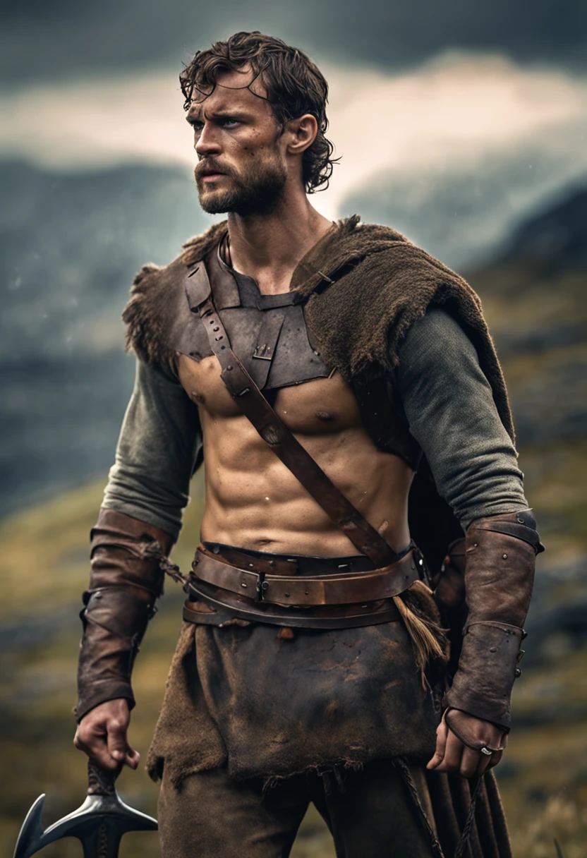 Portrait of a Viking warrior, Jamie Dornan, very handsome and strong, strong and muscular, tanned and strong, dark short hair, brave warrior, similar to actor Jamie Dornan, standing in front of a burning village, cliffs, close up, attack pose and attitude.