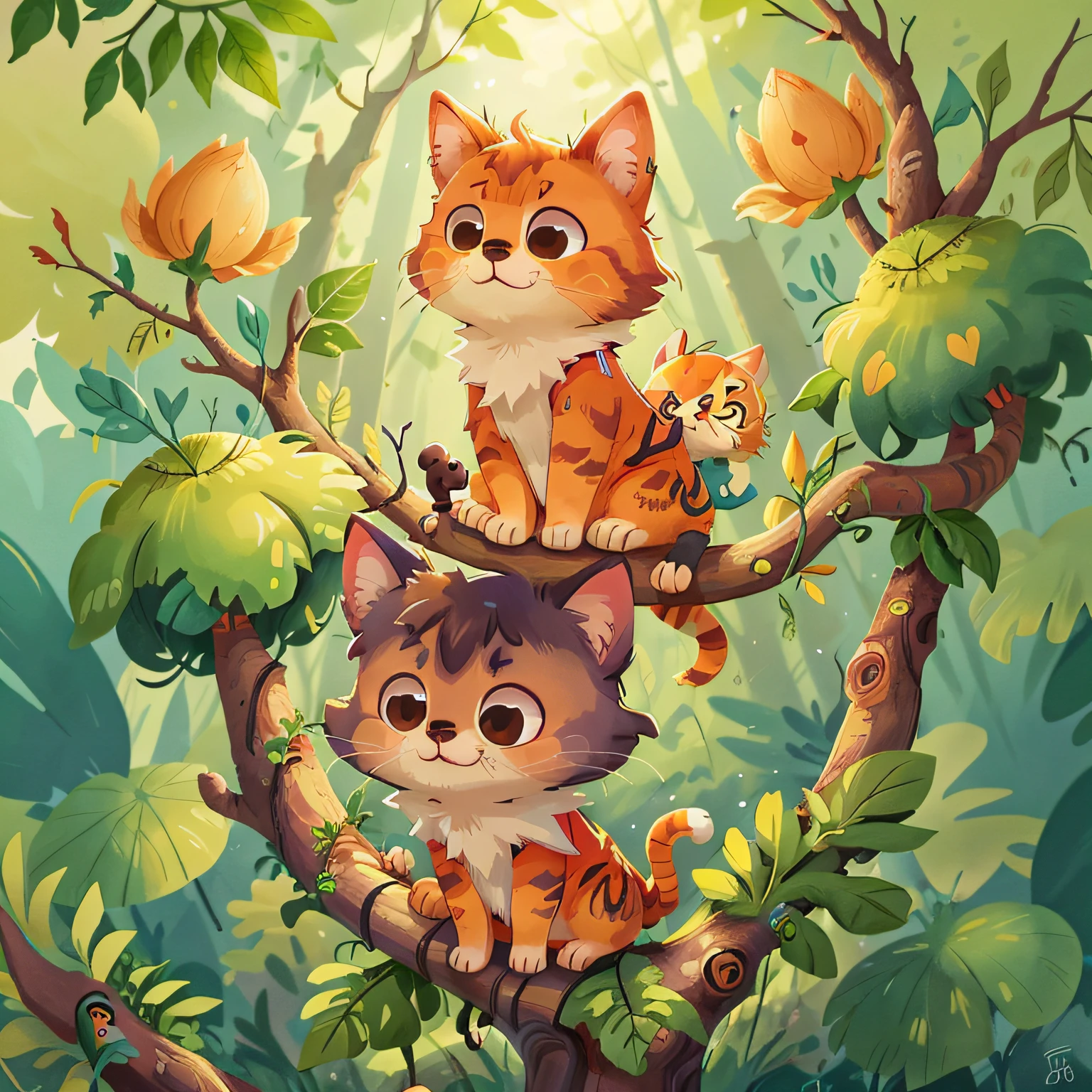 Poster design, (SFW), a little cat on a top of the tallest tree, qualidade perfeita, foco claro, colorido, rosto perfeito, detalhes intrincados, angle of view ultra-low, lente grande angular1762552723