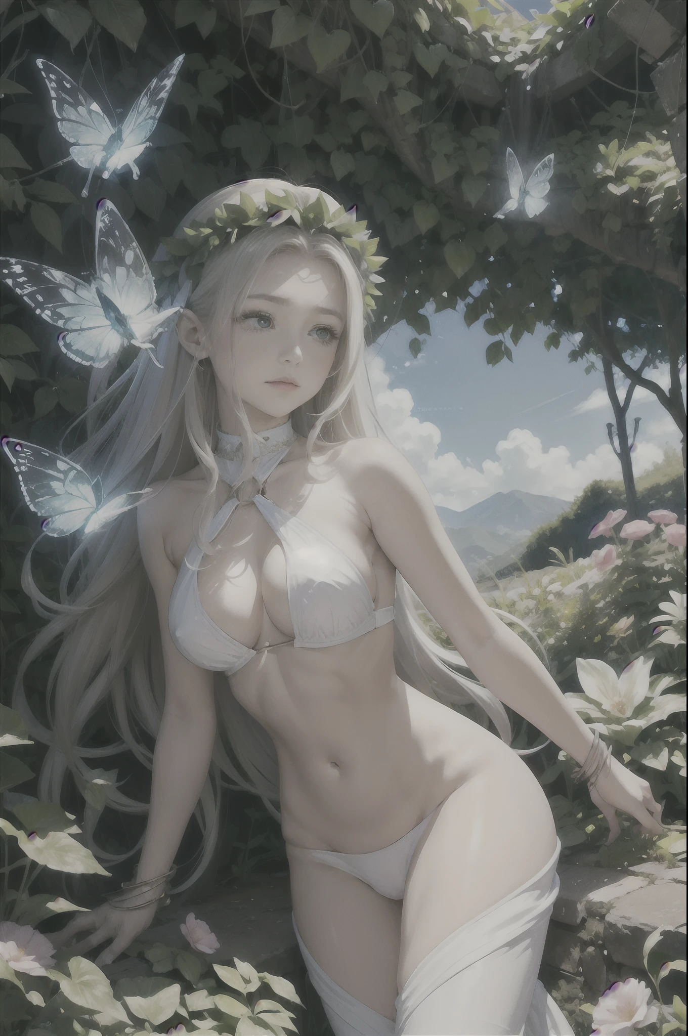A goddess of love in her small garden, She is surrounded by beautiful flowers, Little angels and fairies accompany her. Su mirada revisa la dulzura, Se viste de forma luminosa y vaporosa. Su cuerpo es esbelto y espectacular. ((pechos grandes)) (cuerpo fitness)