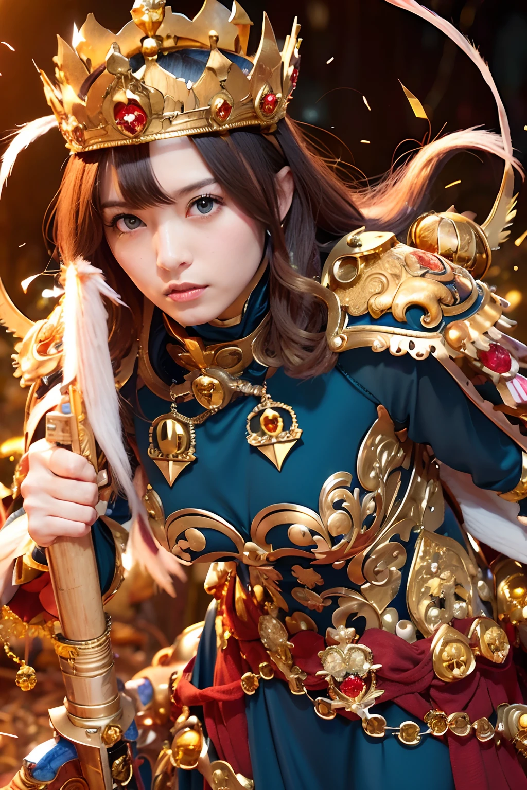 (masutepiece), Professional , masterpiece、top-quality、photos realistic , depth of fields ,(Wind element),close-up,dream magical,tornado,Lightning,(Gemstone Gold Jewel Body:1.6),(Matte Blue、Jewel Gold Weapon_、(Metal:1.4),Gorgeous Jewel Metal Weapons ,(( Detailed Sword of the Brave)) , Black castle background ,warhammer 40k , adepta sororitas,Detail and ornate jewel crown、Brown hair、((Gangle's forest background))、Beautiful Caucasian beauty、1a person、dynamic ungle,(((Detailed and ornate diamond crown)))、Particles of light、cleavage of the breast、Battle Pose、
