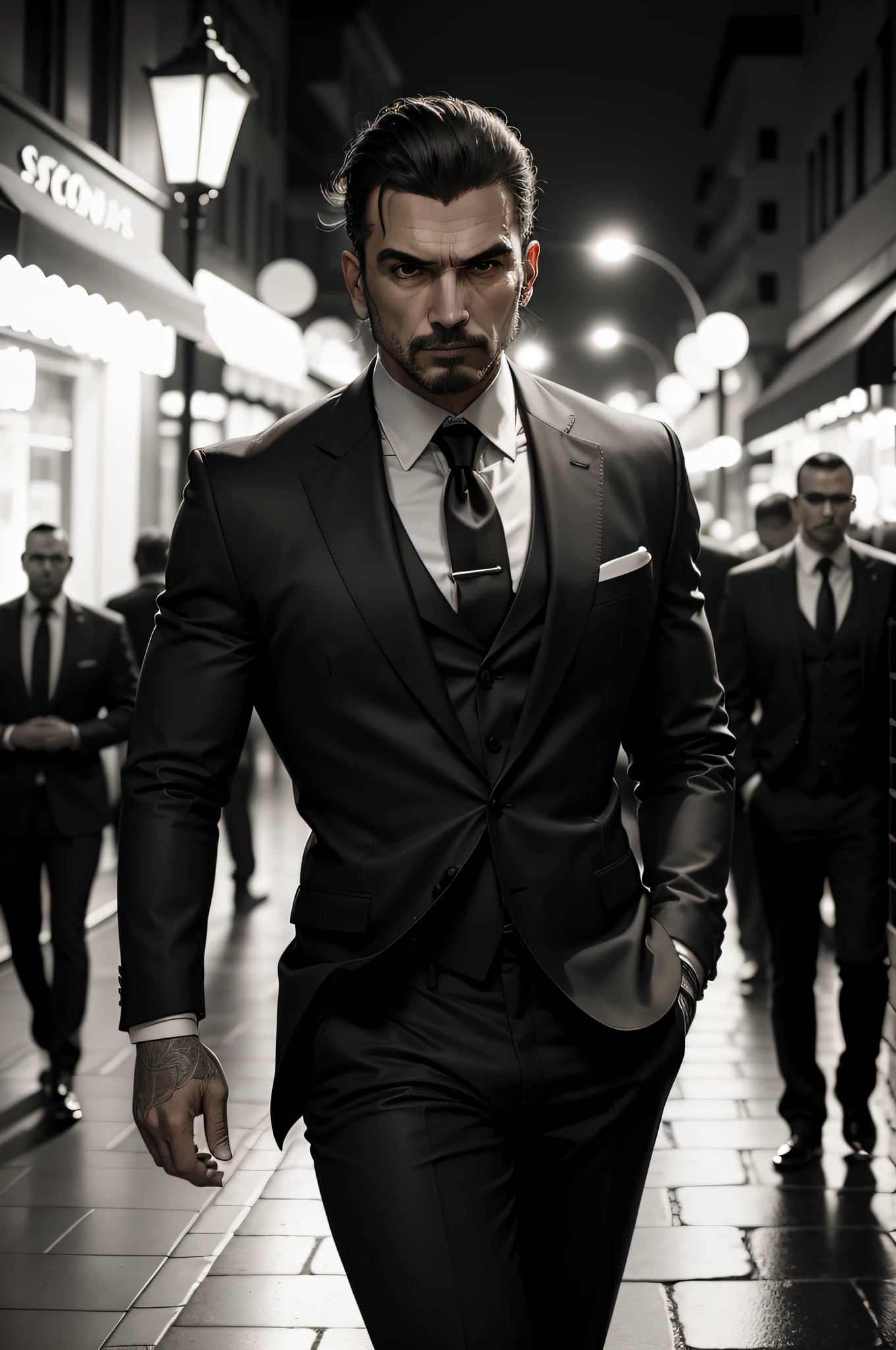 A man with a sony camera in his hand, super estiloso, Estilo mafioso, comprimento de corpo inteiro, night time, fotografia RAW, Realistic photography, detalhes extremos, use of the contrast between the lines of the figure and the surrounding space,