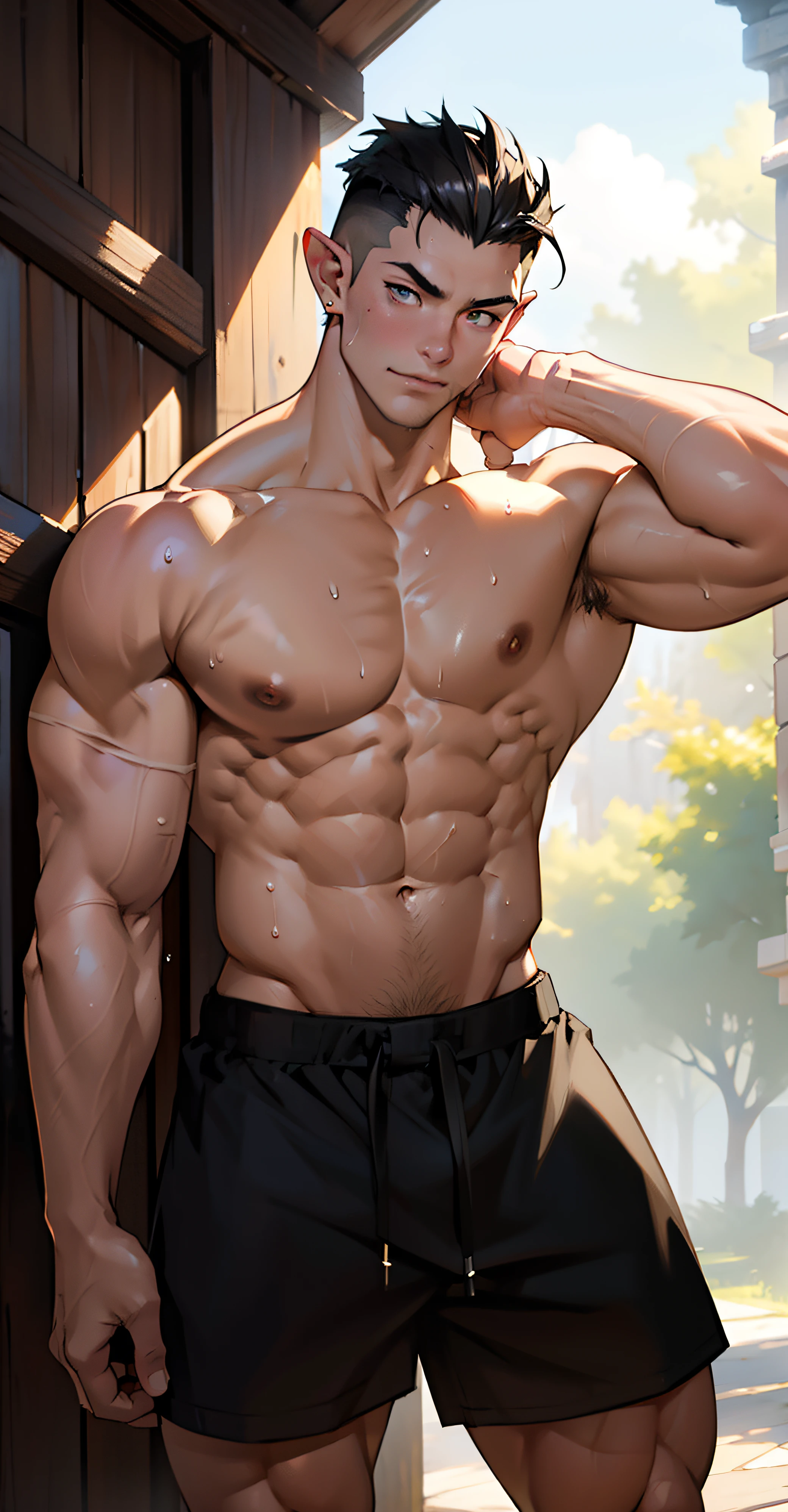 (straight photo)(highest quality photo) elf boy,no beard,cute young face,royal,wearing short black triangle shorts revealing huge muscular thighs,young face  cute middle, undercut hair, huge muscular chest muscles, big strong hamstrings, sinewy biceps muscles, huge body, topless, white skin, super shiny skin  , dripping sweat