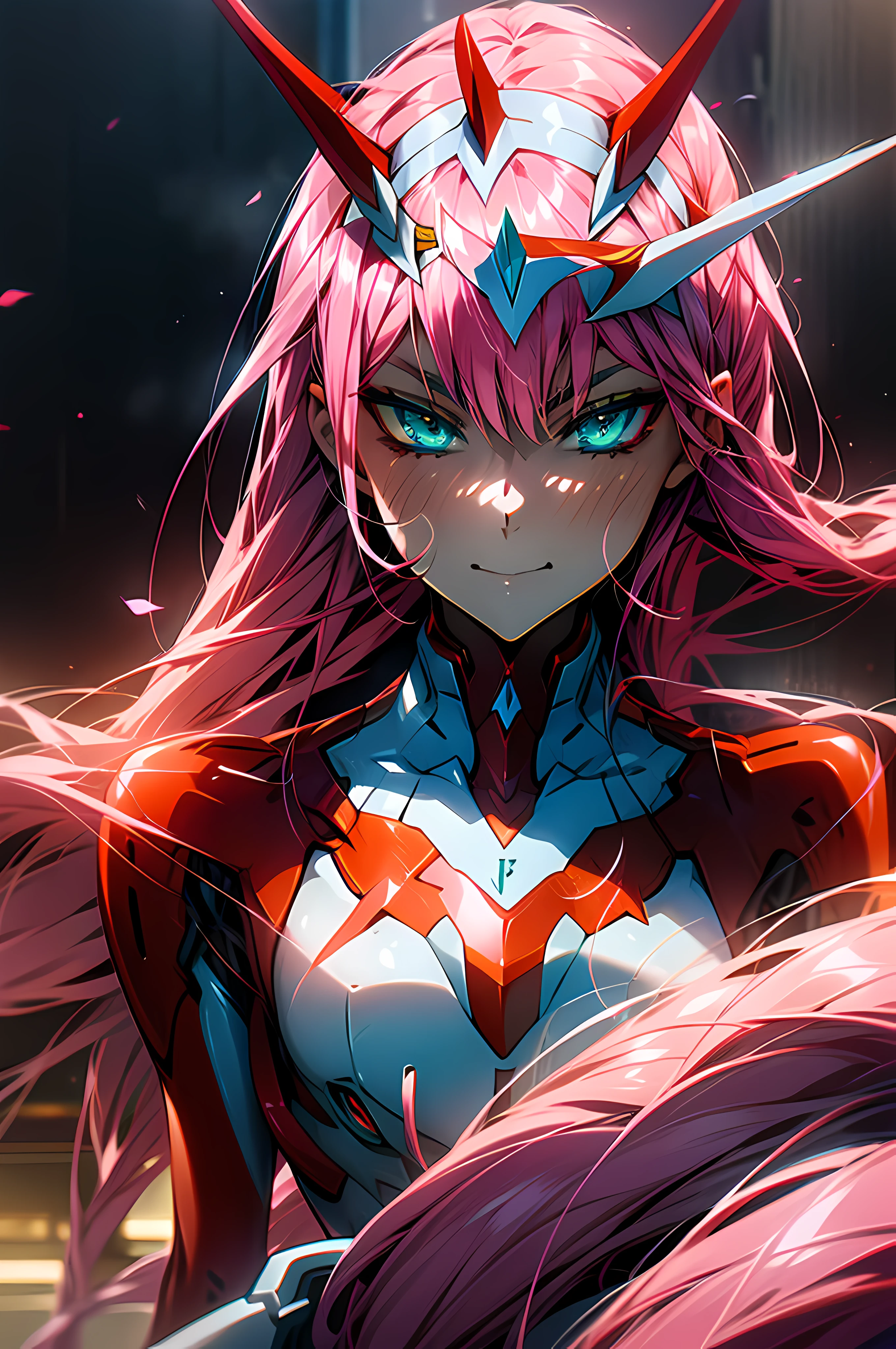 Masterpiece, top quality, best quality, official art, beautiful and aesthetic, anime, 1girl, Zero Two, extremely detailed, colorful, smiling, more detailed (ultra-detailed)), (highly detailed CG illustration), solo, pink hair, pair of horns, green eyes, long hair, (focus on character), pilot outfit, red bodysuit with white details, science fiction, illustration, aesthetic, pop art, darling in the franxx background