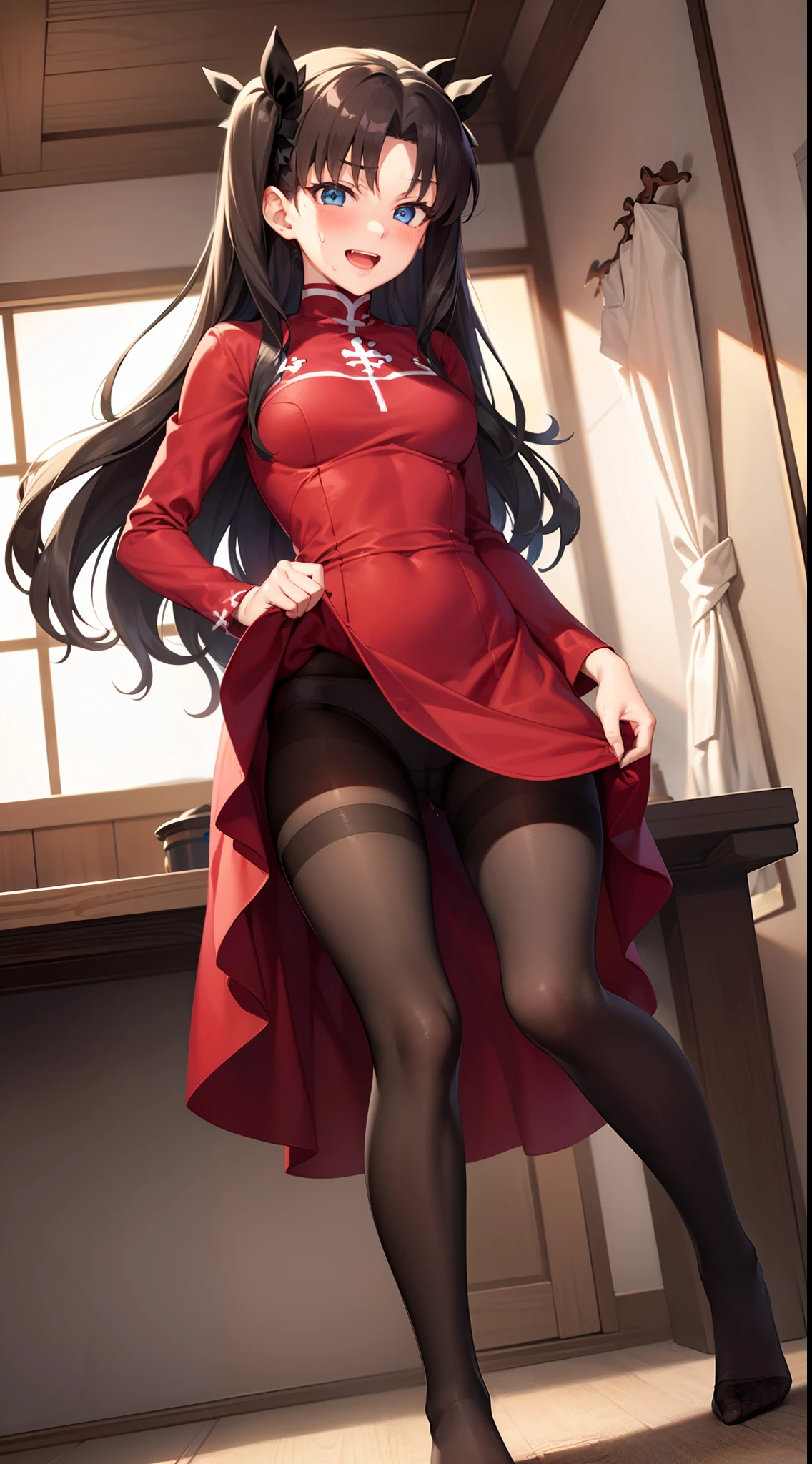 (Tohsaka Rin1.5),best quality ,masterpiece,solo,1girl,black hair,blue eyes,a dress with long sleeves,pantyhose,lift up the dress,panties under the pantyhose,looking down,legs focus,evil smile,blush,open mouth,sweating,small lady serenity,big breasts,despise,steam,feet