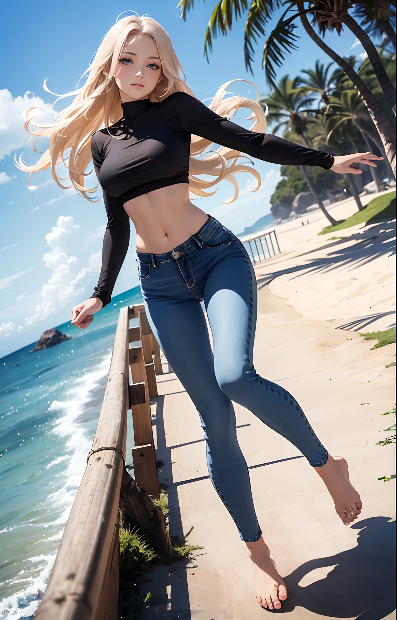 masterpiece, extremery magnificent view, perspective, extremery best quality, extremery detailed CG, 8k wallpaper, high resolution, highly detailed face, highly detailed eyes, perfect anatomy, super detailed skin,
(dynamic angle, dynamic pose:1.2), outdoors, beach, smooth waves, (portrait, legs focus, full body), (beautiful face, beautiful eyes, beautiful legs:1.3),
1 girl, solo, (black top, blue jeans pants:1.3), (skinny jeans:1.3), long sleeves, medium breasts, blond hair, long hair, floating hair, straight hair, open forehead, (barefoot:1.3), blue eyes, (navel:0.8), skinny, slender, wide hips, thin waist