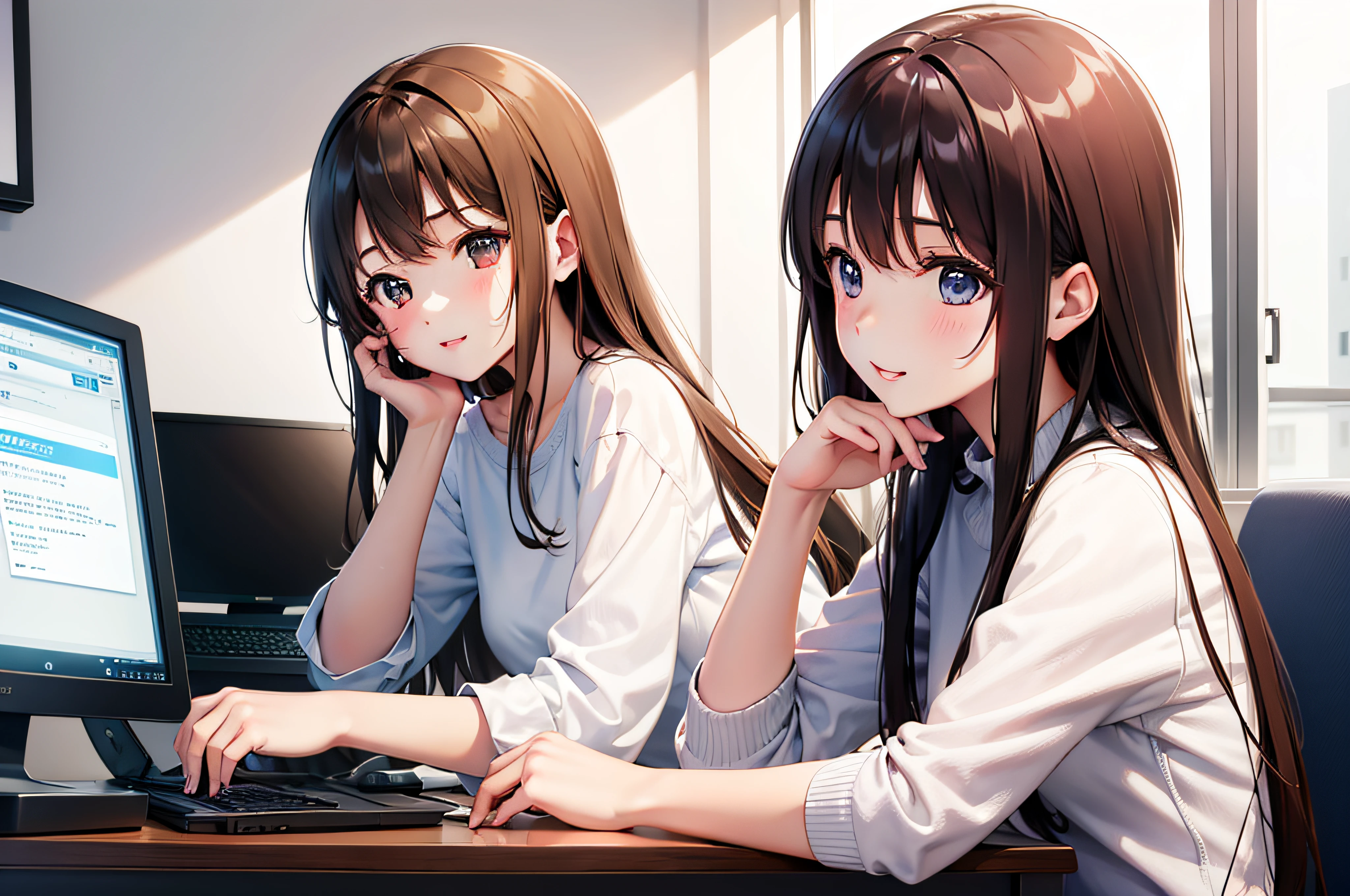 girl with、a beauty girl、Looking at a computer screen、Brown hair。