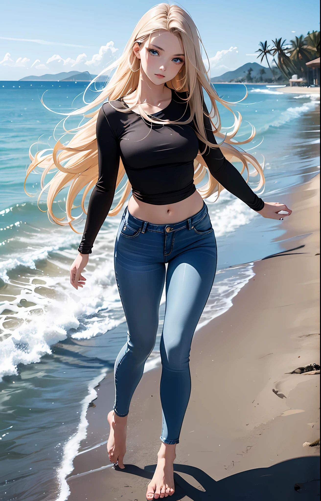 masterpiece, extremery magnificent view, perspective, extremery best quality, extremery detailed CG, 8k wallpaper, high resolution, highly detailed face, highly detailed eyes, perfect anatomy, super detailed skin,
(dynamic angle, dynamic pose:1.2), outdoors, beach, smooth waves, (portrait, legs focus, full body), (beautiful face, beautiful eyes, beautiful legs:1.3),
1 girl, solo, (black top, blue jeans pants:1.3), (skinny jeans:1.3), long sleeves, medium breasts, blond hair, long hair, floating hair, straight hair, open forehead, (barefoot:1.3), blue eyes, (navel:0.8), skinny, slender, wide hips, thin waist