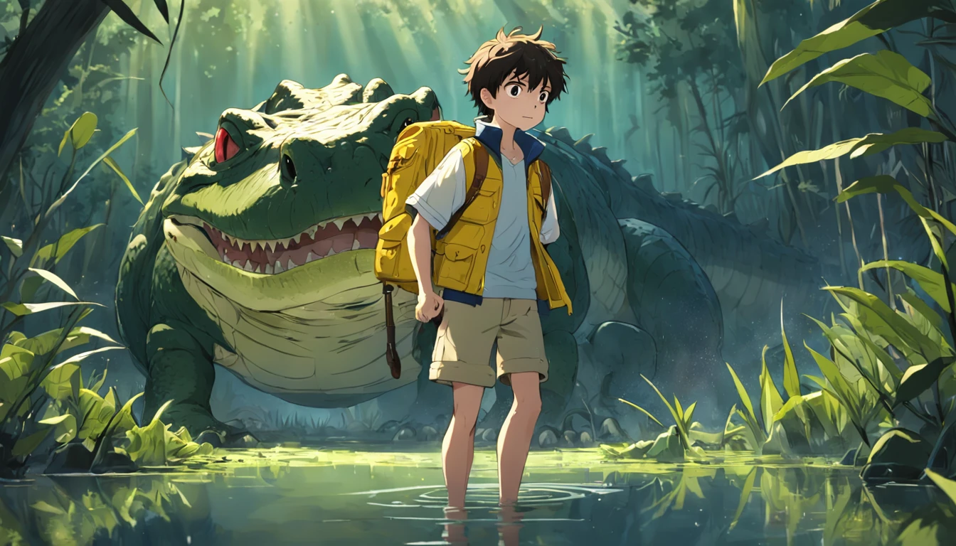 A boy with yellow backpack raised by alligators in the swamp, alligator , , alligator , meninotoon