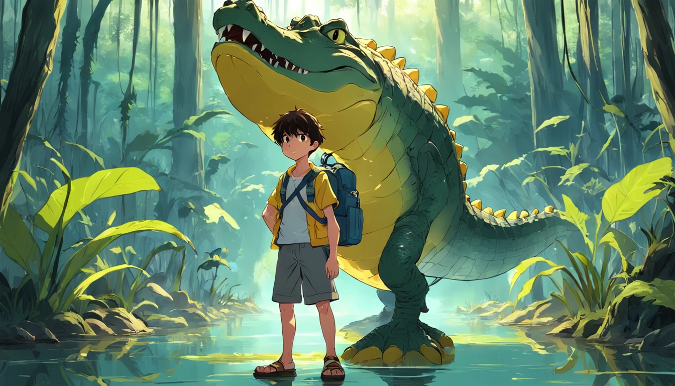 A boy with yellow backpack raised by alligators in the swamp, alligator , menino , alligator , menino , Cartoon