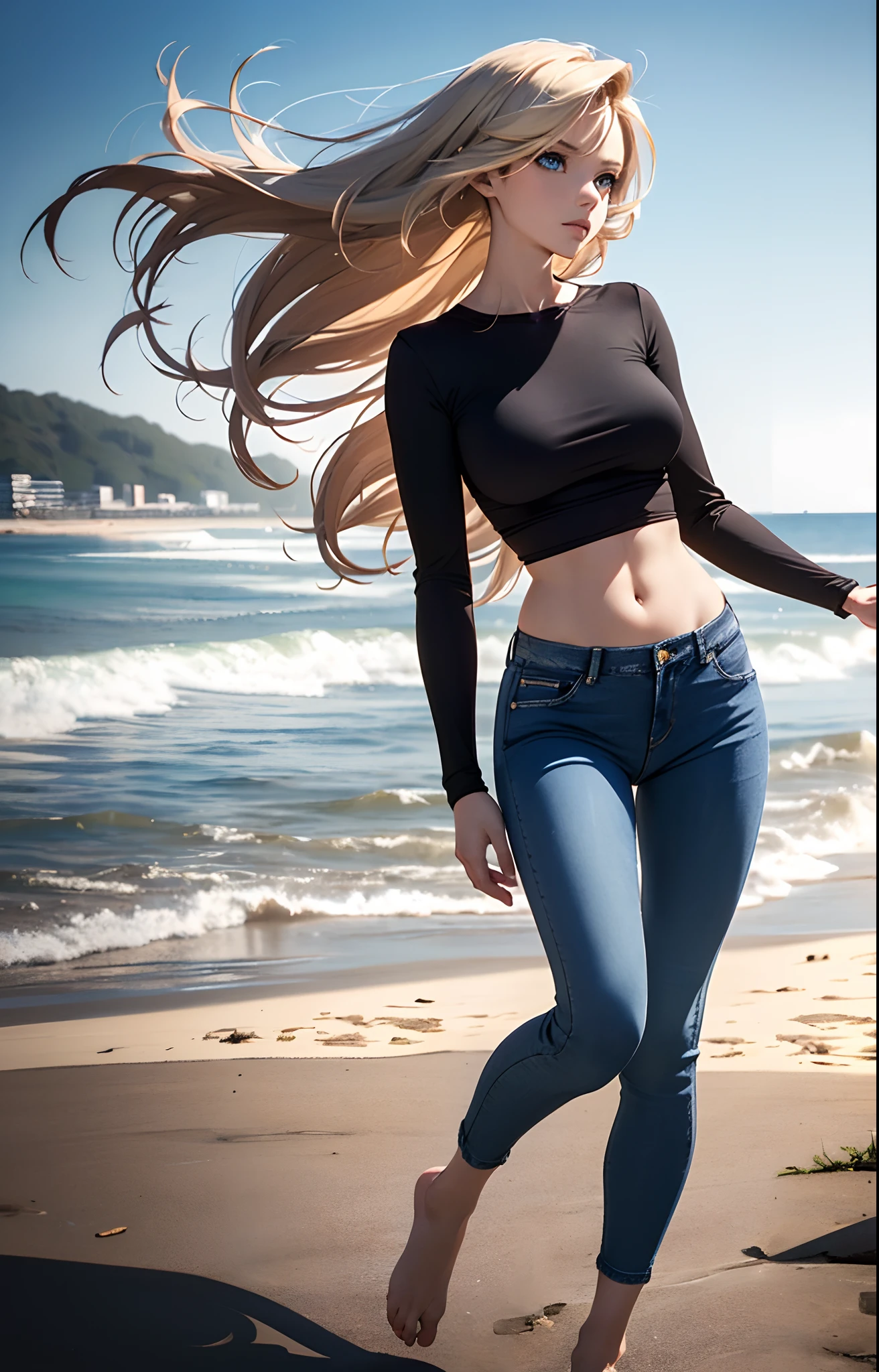 masterpiece, extremery magnificent view, perspective, extremery best quality, extremery detailed CG, 8k wallpaper, high resolution, highly detailed face, highly detailed eyes, perfect anatomy, super detailed skin,
(dynamic angle, dynamic pose:1.2), outdoors, beach, smooth waves, (portrait, legs focus, full body), (beautiful face, beautiful eyes, beautiful legs:1.3),
1 girl, solo, (black top, blue jeans pants:1.3), (skinny jeans:1.3), long sleeves, medium breasts, blond hair, long hair, floating hair, straight hair, open forehead, (barefoot:1.3), blue eyes, (navel:0.8), skinny, slender, wide hips, thin waist