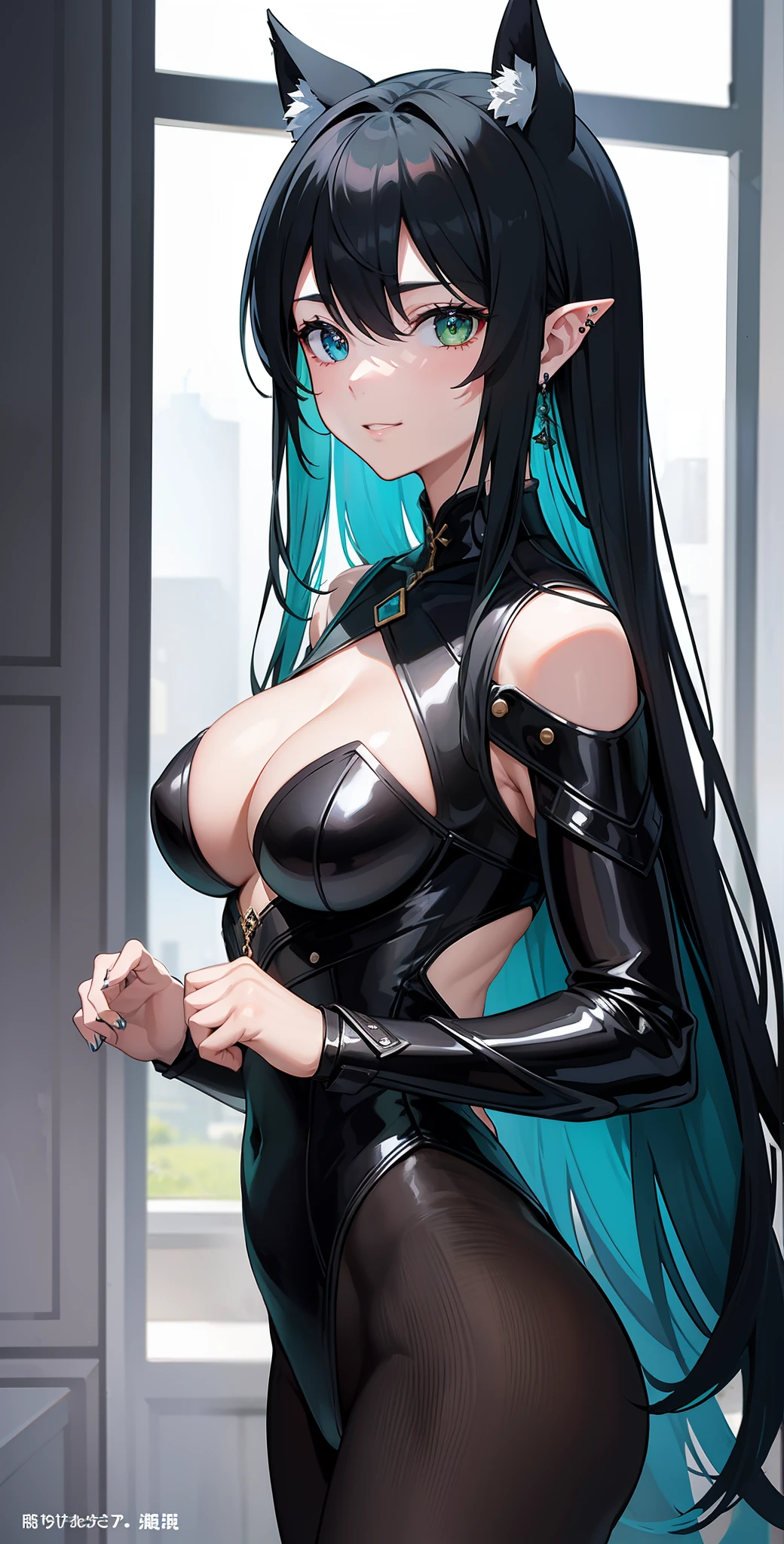 top-quality、​masterpiece、hight resolution、black-green hair、BREAK、A slight smil、frontage、1 Female solo、beautiful shadow、Dazzling light、well-muscled、black suits、Complicated piercing of ears、Well-formed face、Hyper Detail、Colossal tits