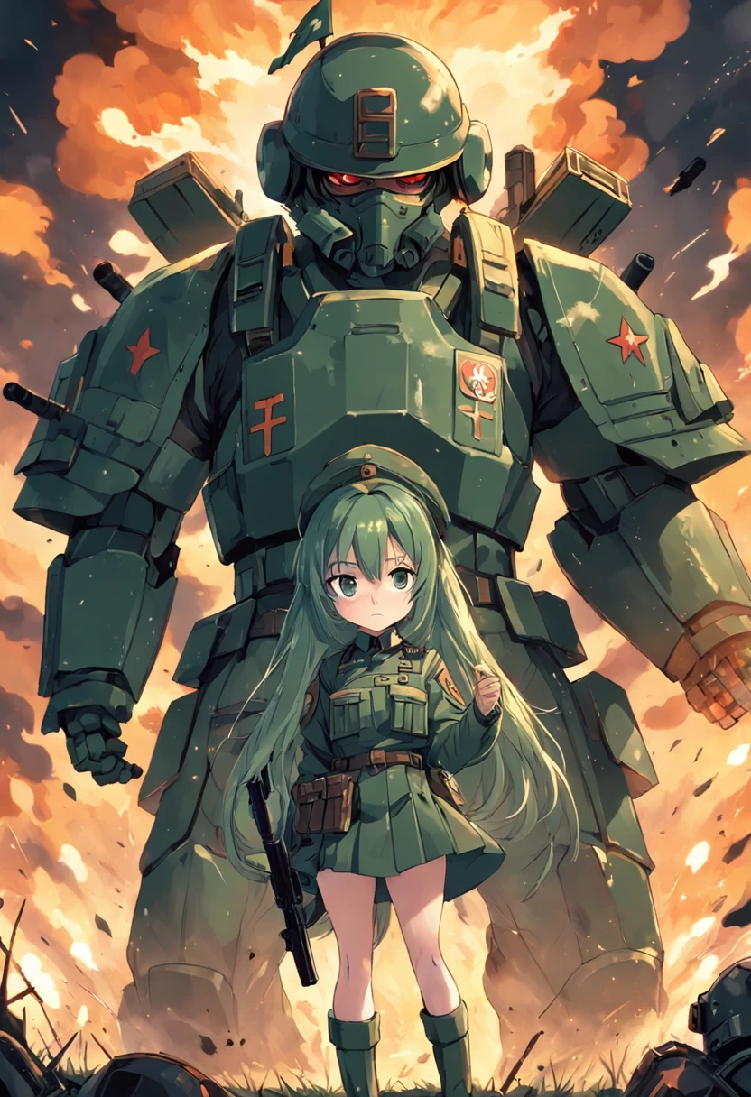 Tall soldiers,Wearing a military helmet,Wearing a military uniform,The rank is 3rd Classmate,Dark green hair,machine guns,Gatling,Ammunition is plentiful,Full fire,On the lawn,There is a rank on the helmet