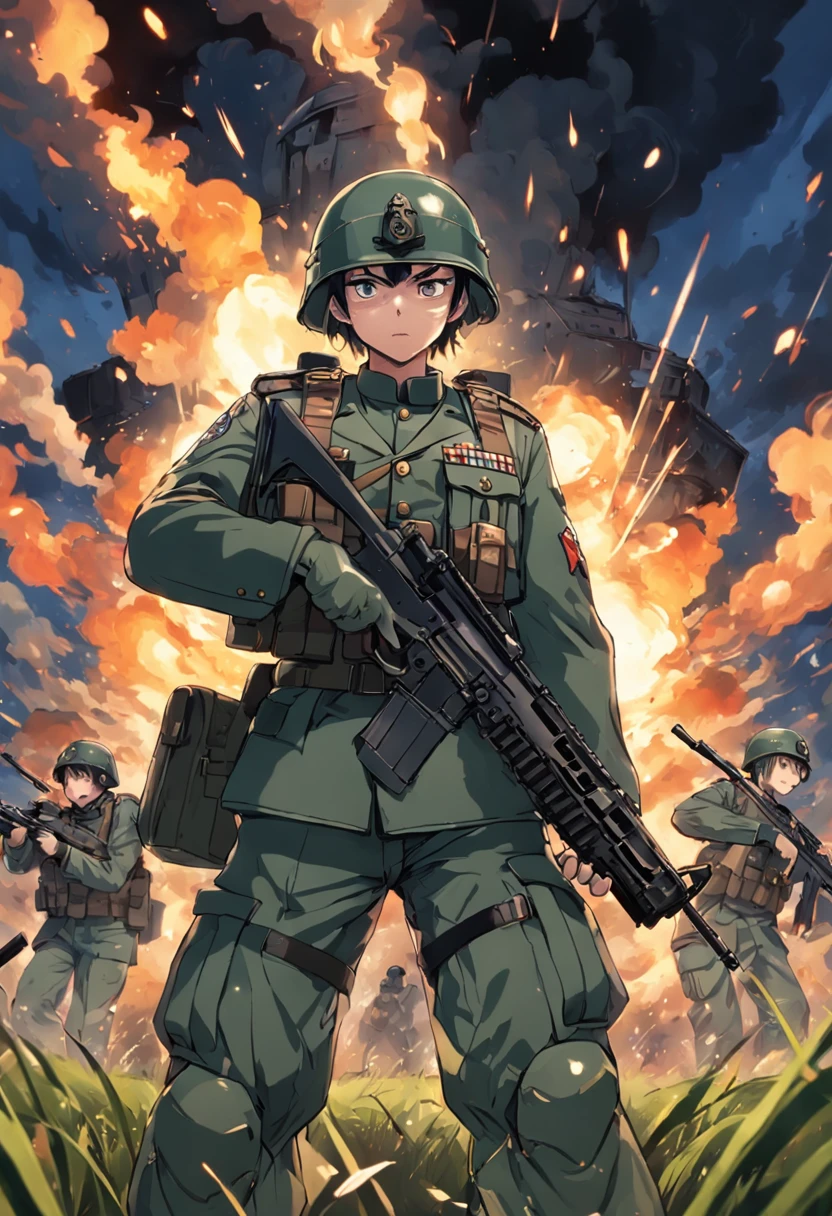 Tall soldiers,Wearing a military helmet,Wearing a military uniform,The rank is 3rd Classmate,Dark green hair,machine guns,Gatling,Ammunition is plentiful,Full fire,On the lawn,There is a rank on the helmet