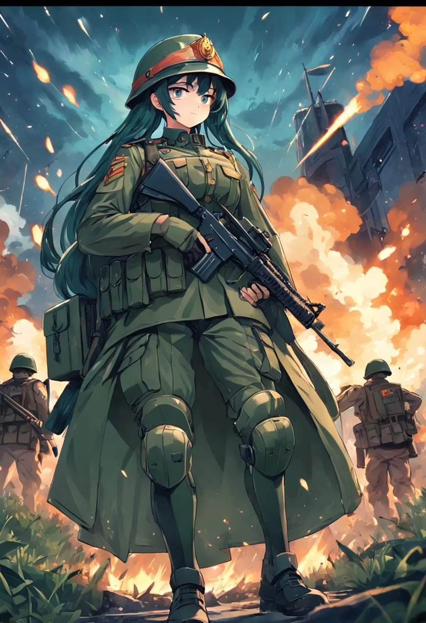 Tall soldiers,Wearing a military helmet,Wearing a military uniform,The rank is 3rd Classmate,Dark green hair,machine guns,Gatling,Ammunition is plentiful,Full fire,On the lawn,There is a rank on the helmet