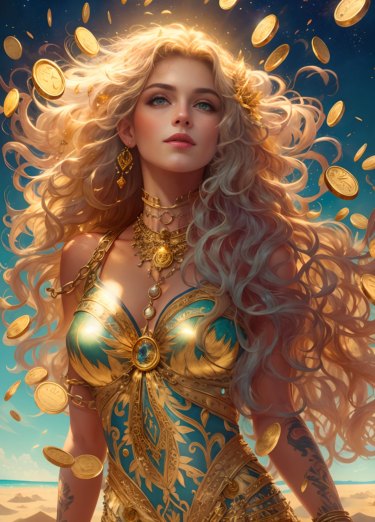 Full body shot, illustration, film light, fantasy, highest quality, super detailed, best quality, masterpiece, (detailed face), tall sexy mature woman, dress made of gold coins chained together, glowing quicksand, floating embers Crystals, golden hair accessories, metal that reflects sunlight, (body focal length: 1.25), clear blue sky, desert ocean in the background, long curly hair, golden eyes, magic, darkness, light reflection
