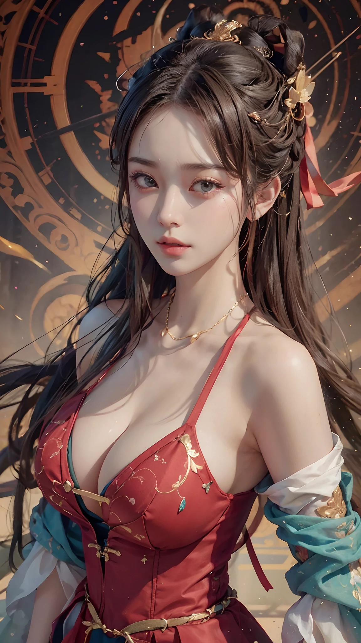 (original photo, Bestquality), (realistic, photo of-realistic:1.3 pcs), Bestquality, Extremely Detailed, a masterpiece、, Hyper-Detailed, illustration、, 1 a girl, (huge boobs，cleavage), dynamic angle, world mastery theater, cluttered_long_hair,Bestquality, extremely detailed CG unity 8k壁纸，ink，astonishing，movie lights，Lens_flare，dunhuang_style