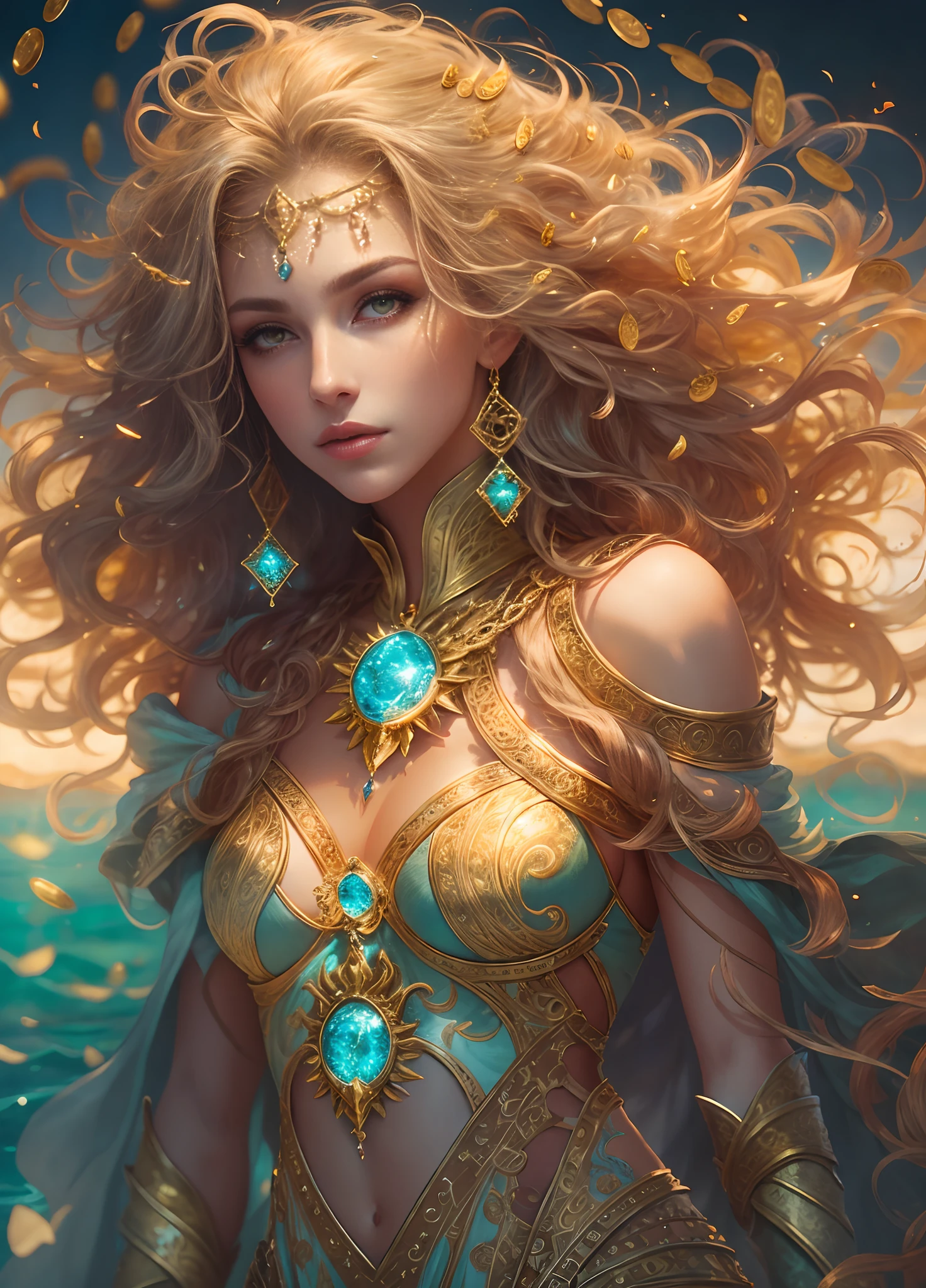 Full shot body photo, illustration, cinematic light, fantasy, highest quality, best quality, masterpiece, (face fine), tall and sexy gold coin dress, sparkling sandy beach, floating embers, golden hair jewelry, golden light reflecting the sun's rays, (focus on body: 1.25), clear blue sky, desert and sea background, long curly hair, golden eyes release of magical energy , Dark Reflection, Light Reflection --s2