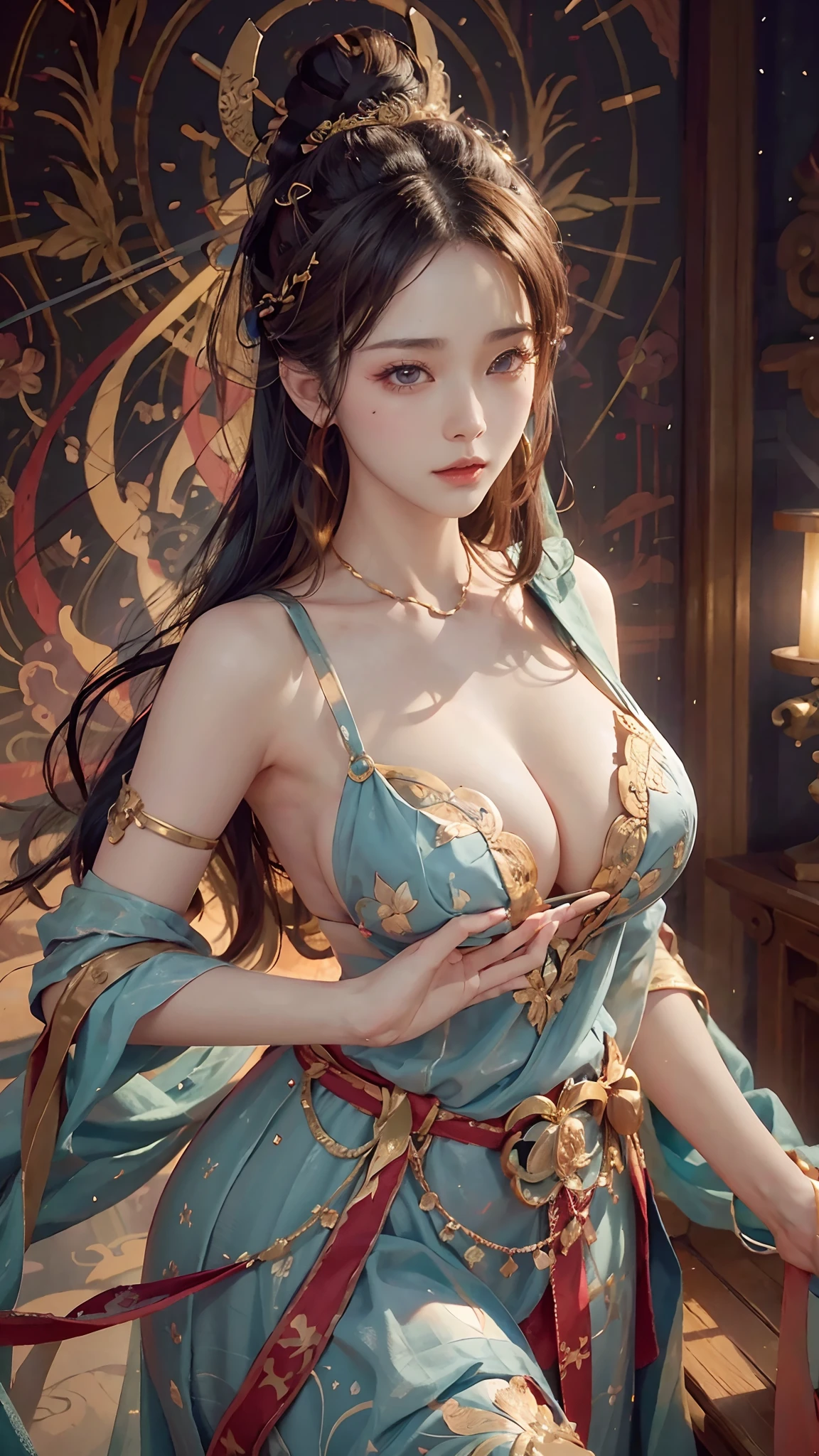 (original photo, Bestquality), (realistic, photo of-realistic:1.3 pcs), Bestquality, Extremely Detailed, a masterpiece、, Hyper-Detailed, illustration、, 1 a girl, (huge boobs,cleavage), dynamic angle, world mastery theater, cluttered_long_hair,Bestquality, extremely detailed CG unity 8k壁纸,ink,astonishing,movie lights,Lens_flare,dunhuang_style
