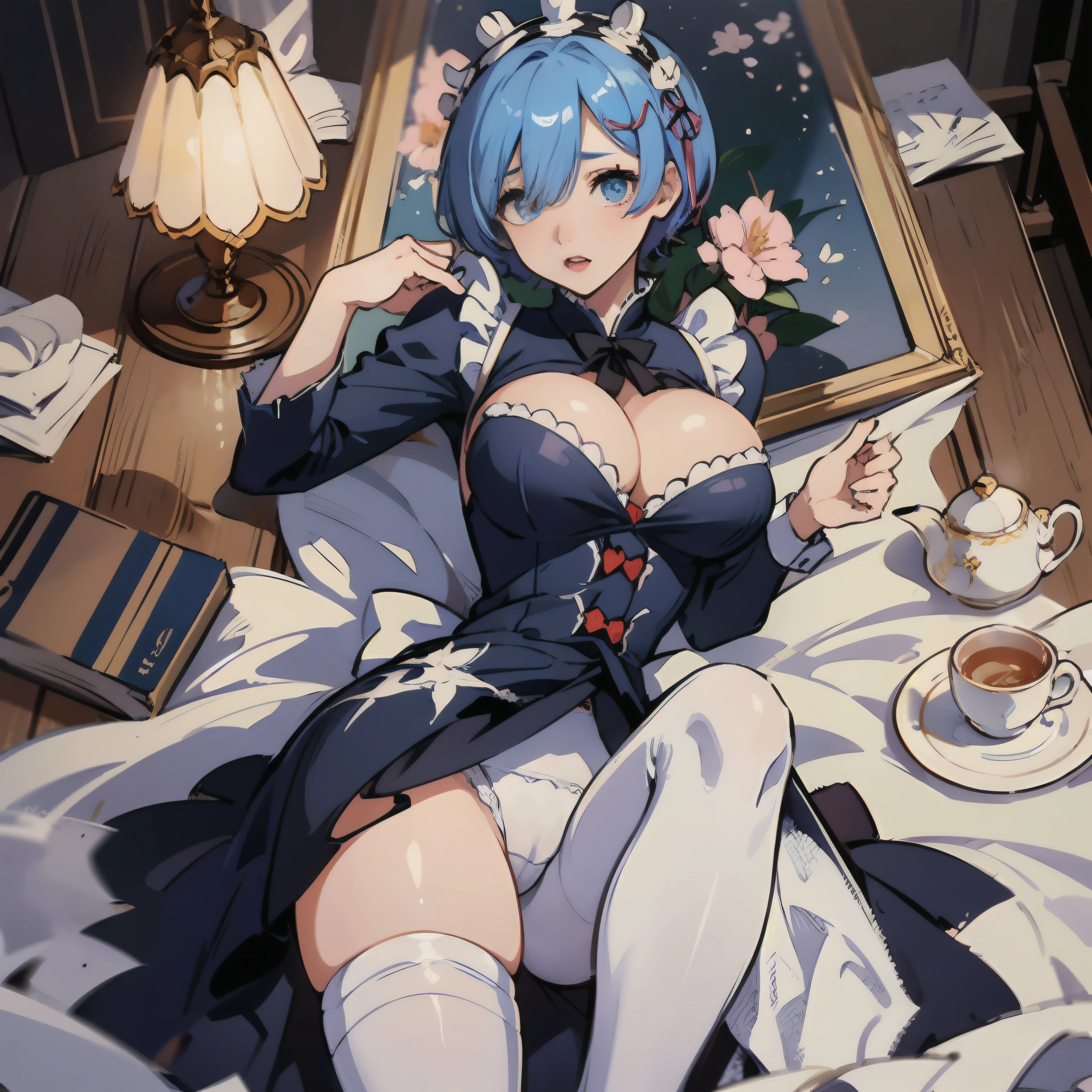 Rem from ReZero, Blue-haired girl, hair covering left eye, maid suit, white pantyhose, huge breasts, thin legs, ahegao, soft eyes, short, two-dimensional hair, tea in hand