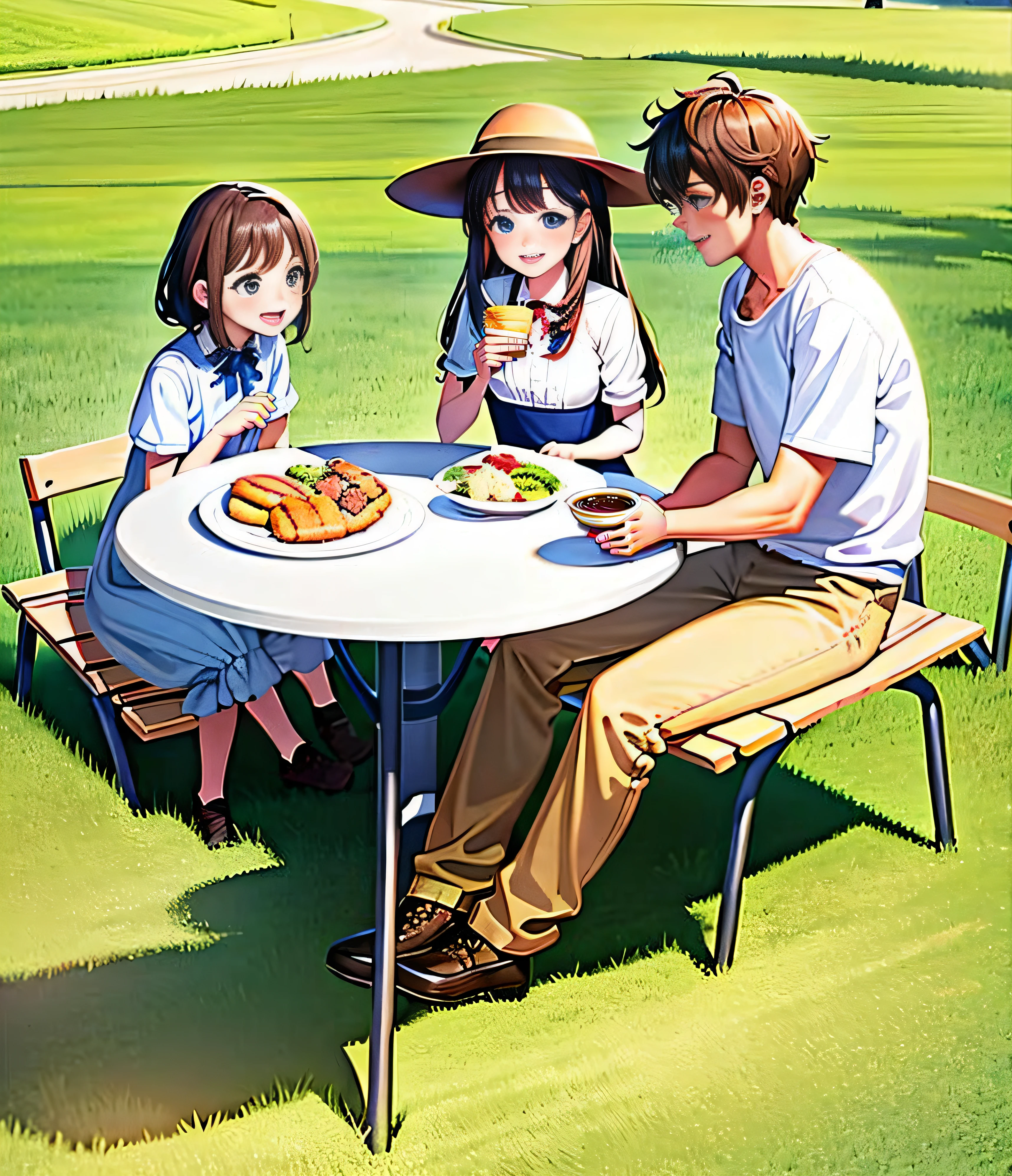 On the prairie, three people sat at a table to eat, people on a picnic, camping, having picnic, Family dinner, warm and joyful atmosphere, people outside eating meals, Family, istock, Handsome, family friendly, lifestyle, Happy family,illustration，illustratio，grass field，with blue sky and white clouds