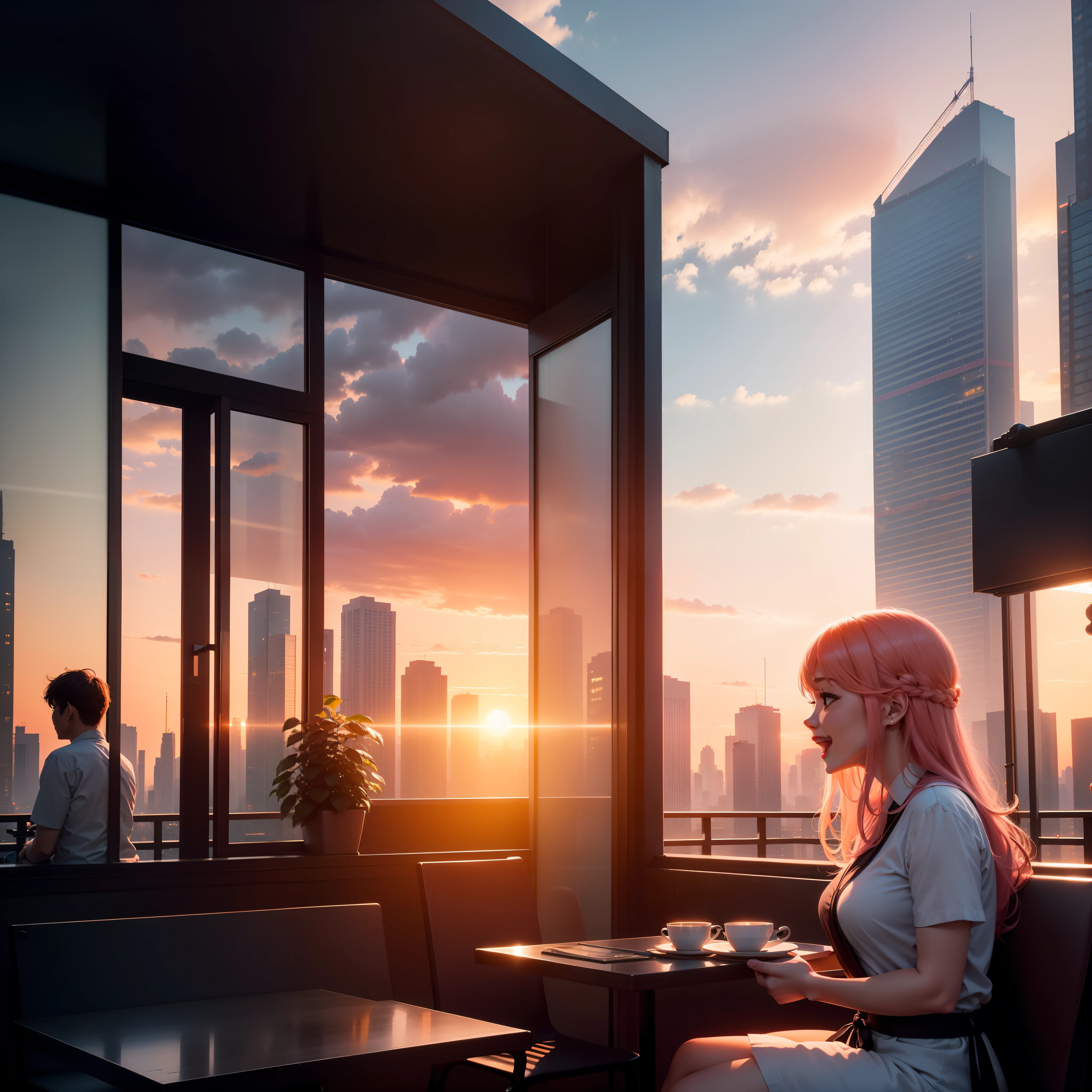 at the sunset, 城市, Skyscrapers, a person々Flow of, Building windows, Warm light, Walkway, a person々, cafe terrace, Friends, Laughing, Skysky, an orange, pink there, tints, Urban hustle and bustle, Beautiful sunset, harmony